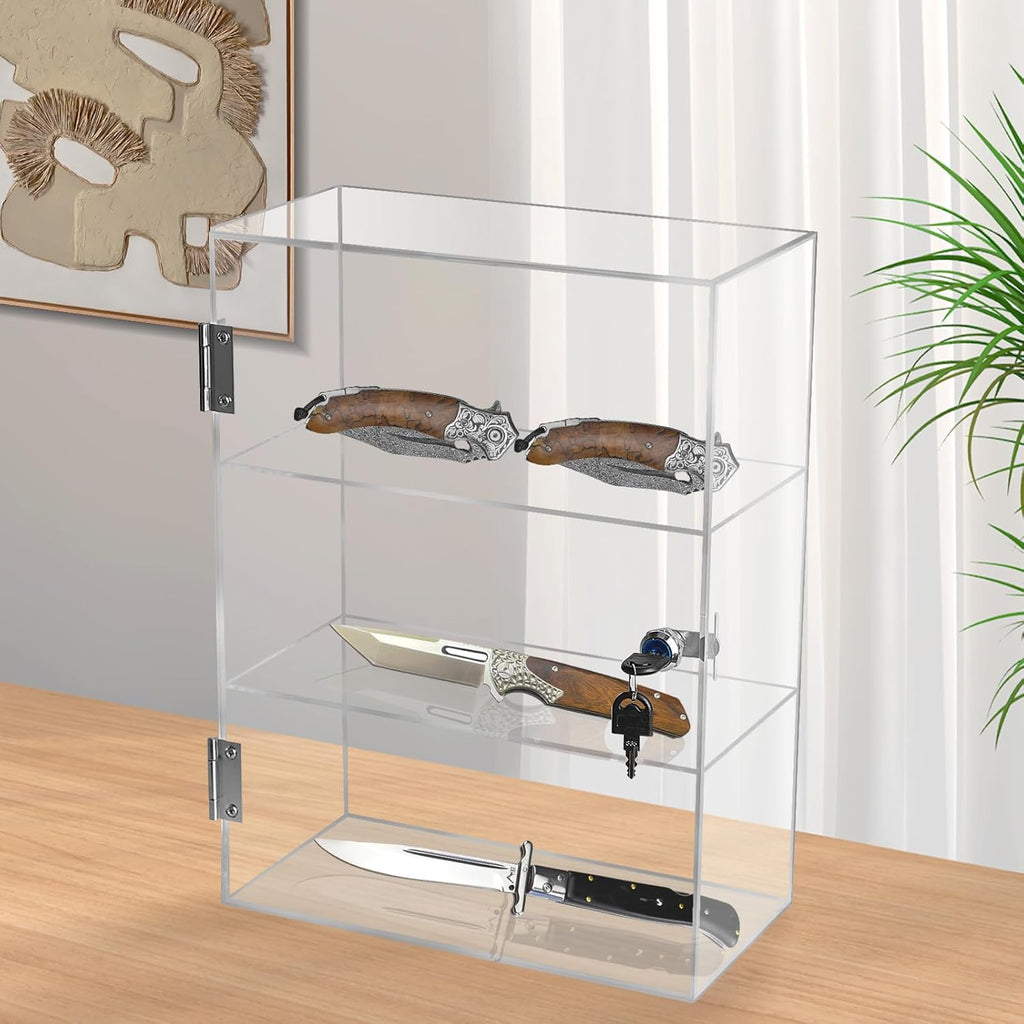 Acrylic Display Case with Lock, Collectibles Showcase Clear | Countertop Locking Display Cabinet with Shelves and
