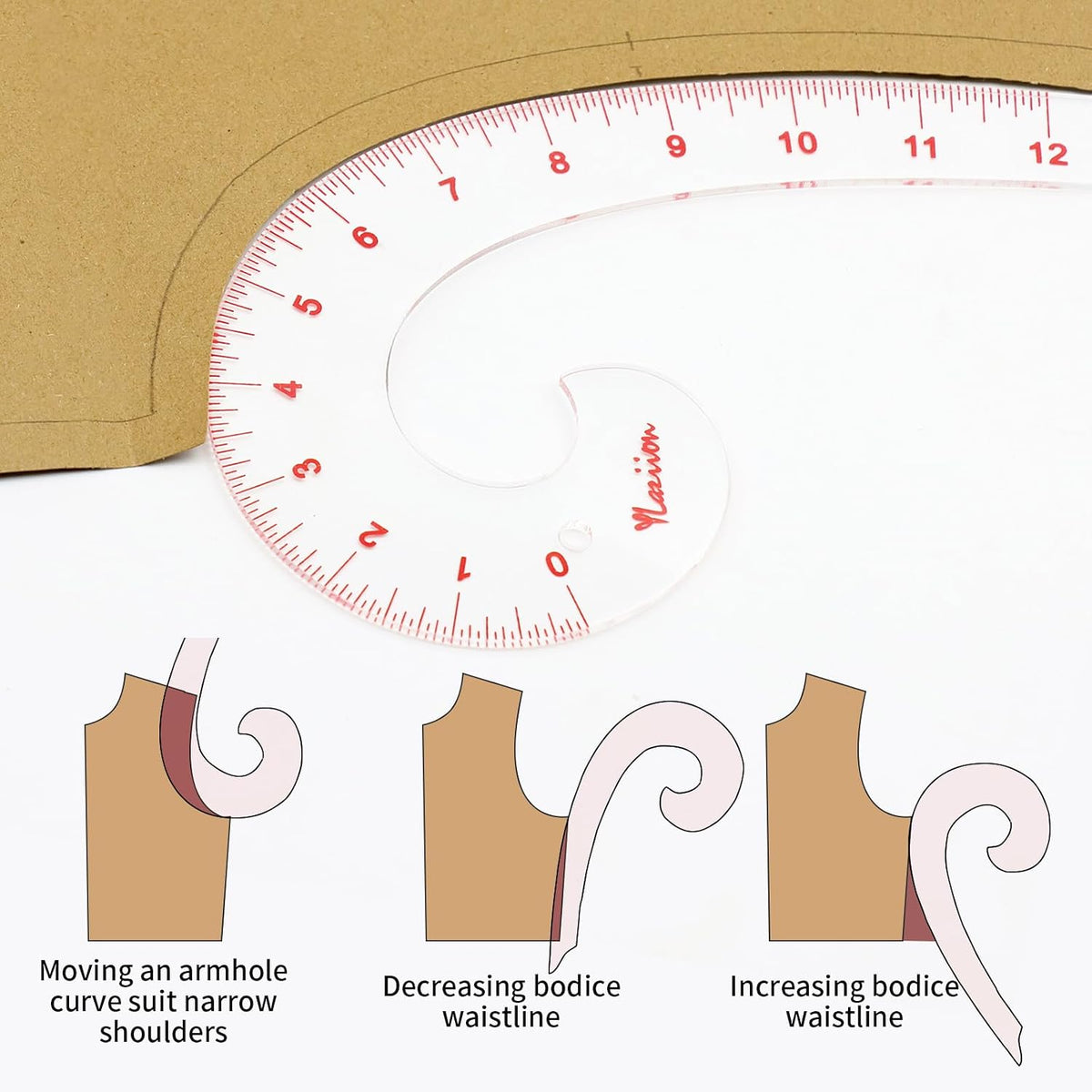 12-Inch 3mm Acrylic French Curve Ruler for Sewing & Pattern Making | Non-Yellowing; Drafts Armhole, Hip, Comma & Vary