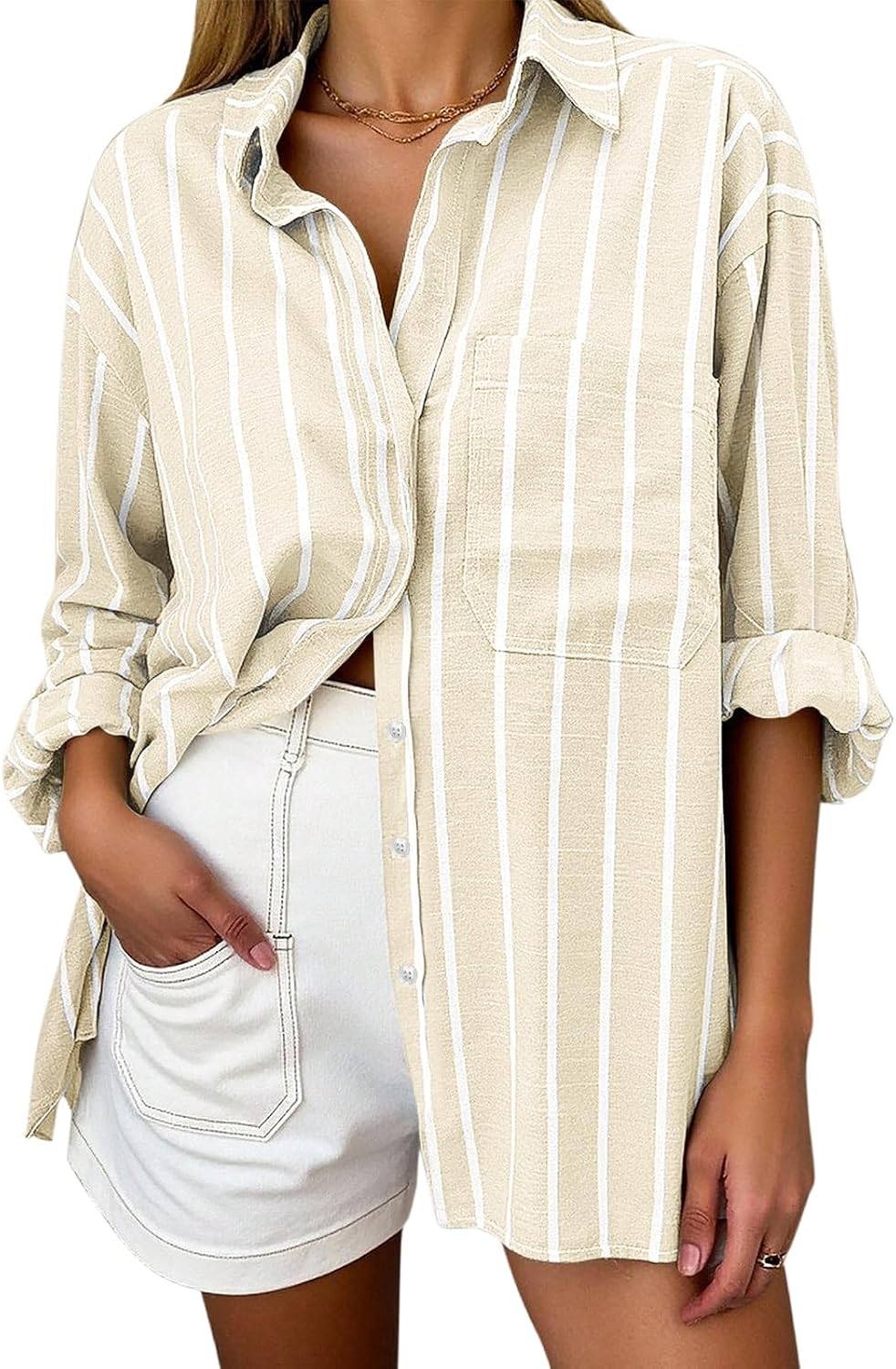 Oversized Button Down Shirts for Women Cotton Oxford Shirt Long Sleeve Collared Blouse with Pocket Beach Vacation Outfit