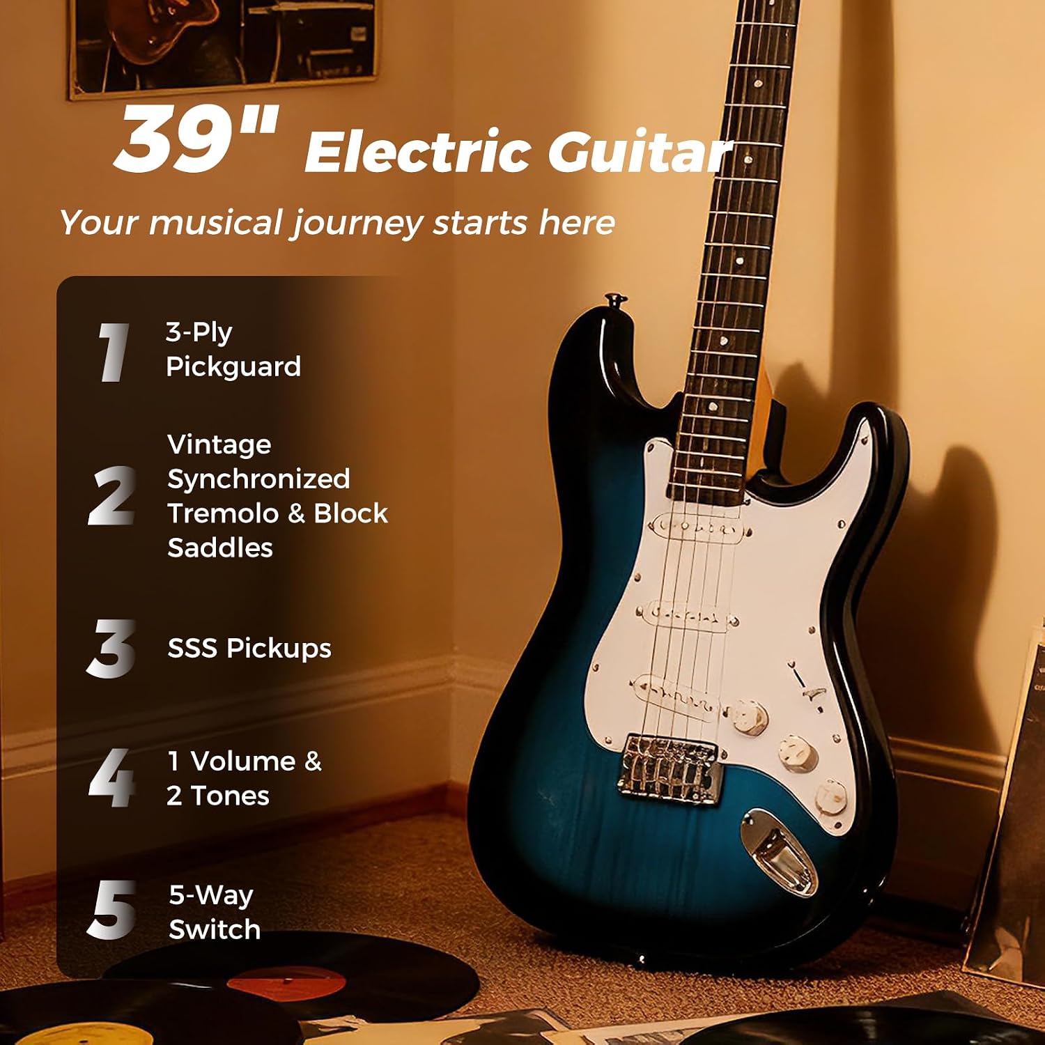 6 String Electric Bass Guitar with AMP, 39” Full Size Beginner Bass Guitar Kit with SSS Pickups, Gig Bag, Strap