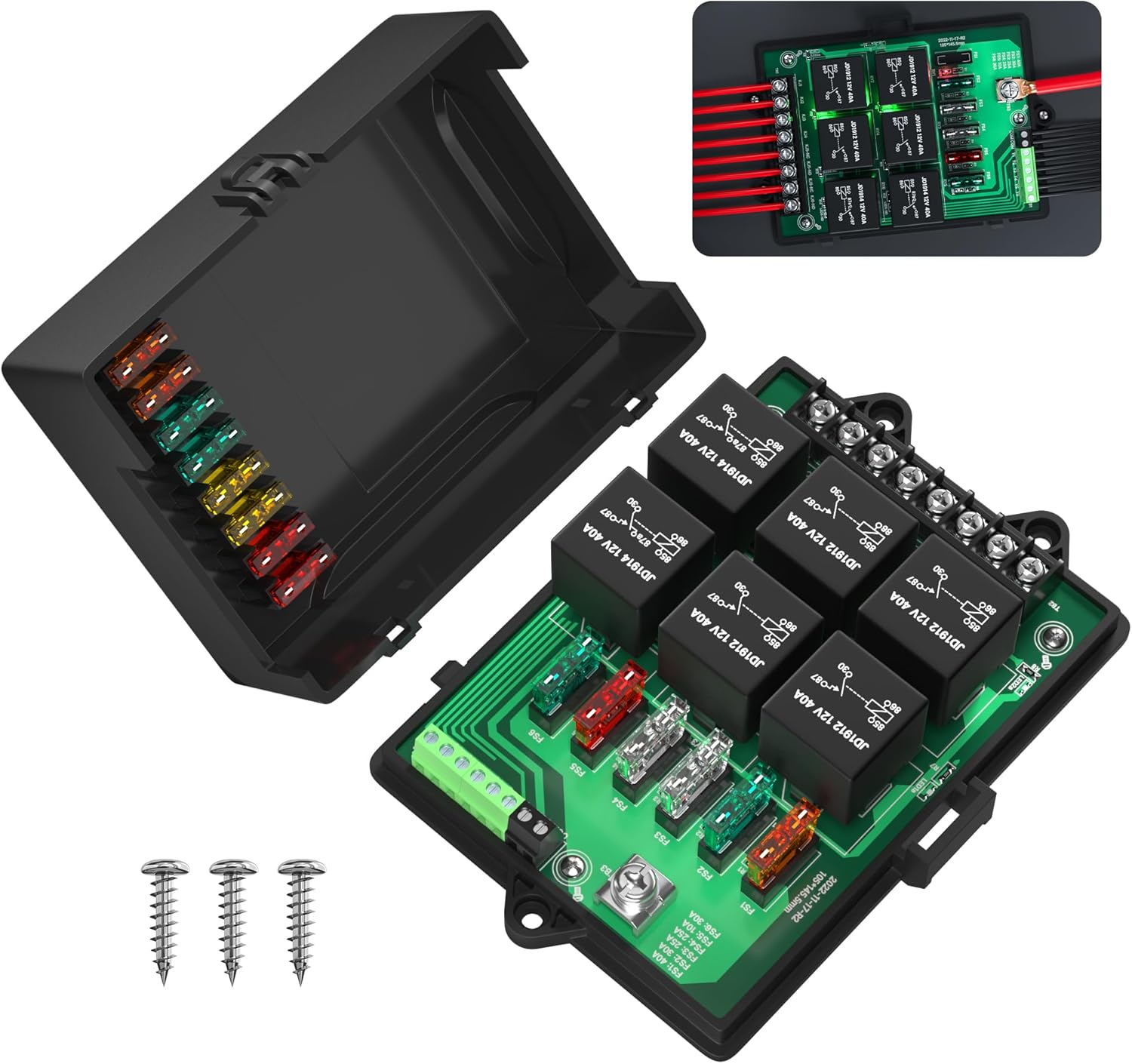 Relay Box Fuse Relay Box 12V Automotive Universal Fuse Panel with 6 Way Relays and 14 x ATC/ATO Blade Fuses 12 Volt
