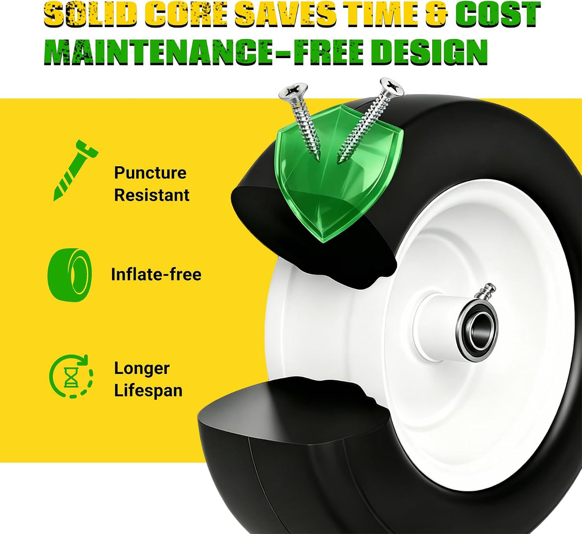 (2 Pack) 13x5.00-6 Flat Free Lawn Mower Tire and Wheel Assembly | Universal 3/4", 5/8" and 1/2" Bearings, 4.3"-6.7"