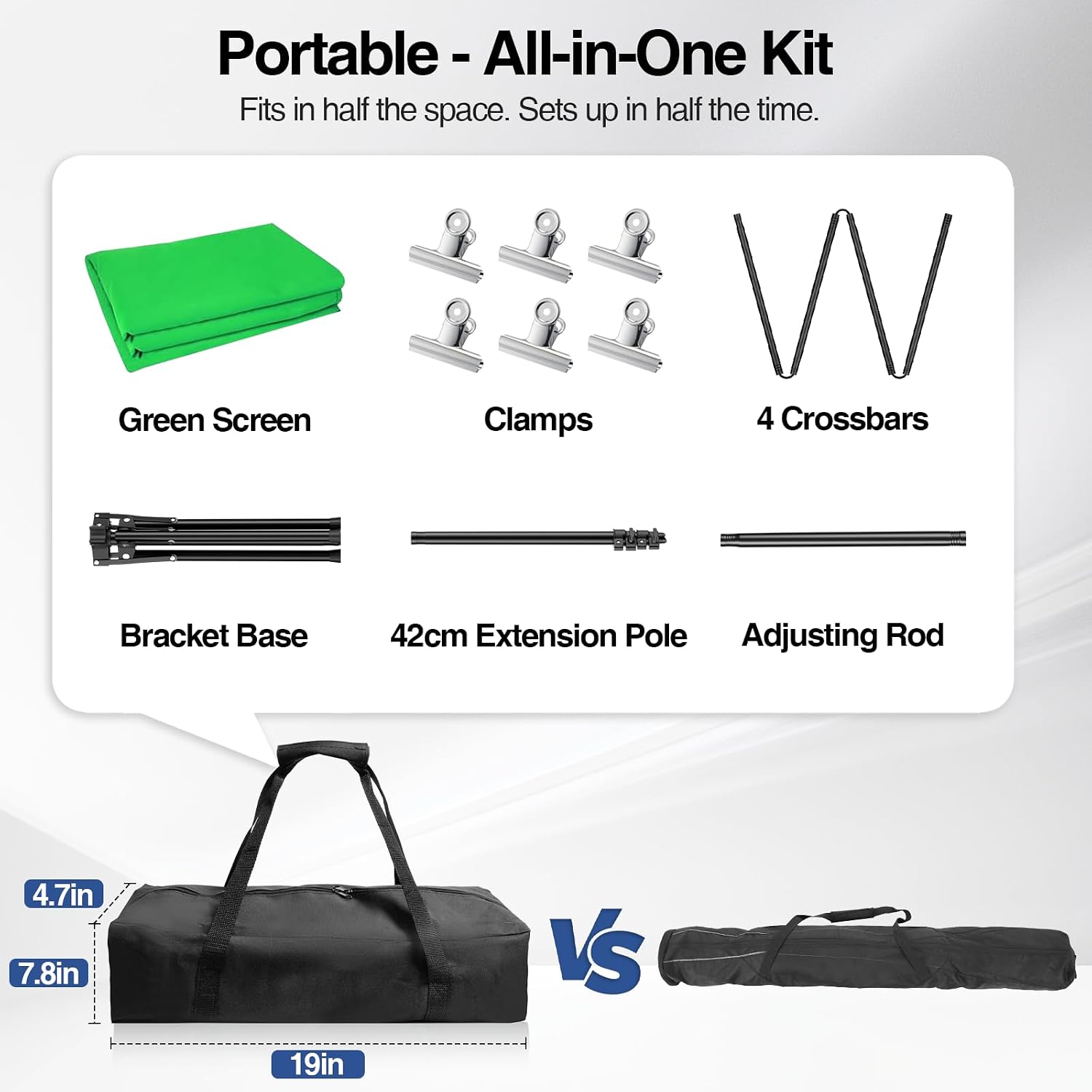 5x7 ft Green Screen Backdrop Kit with Foldable T-Shaped Stand | Portable & Compact Greenscreen Kit Includes 6 Clips