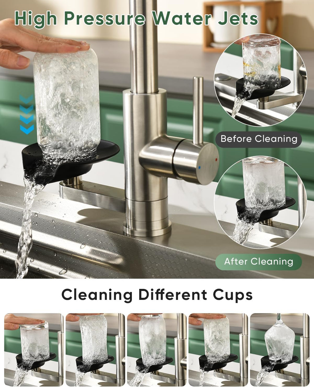 Kitchen Faucet with Cup Washer Pull Down Sprayer Stainless Steel Kitchen Sink Faucet with Deck Plate Glass Rinser