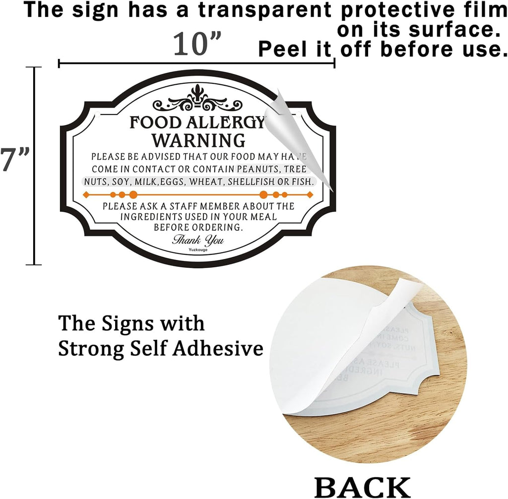 Food Allergy Warning Sign With Self - adhesive, 2 Pack 10x7 In, Acrylic