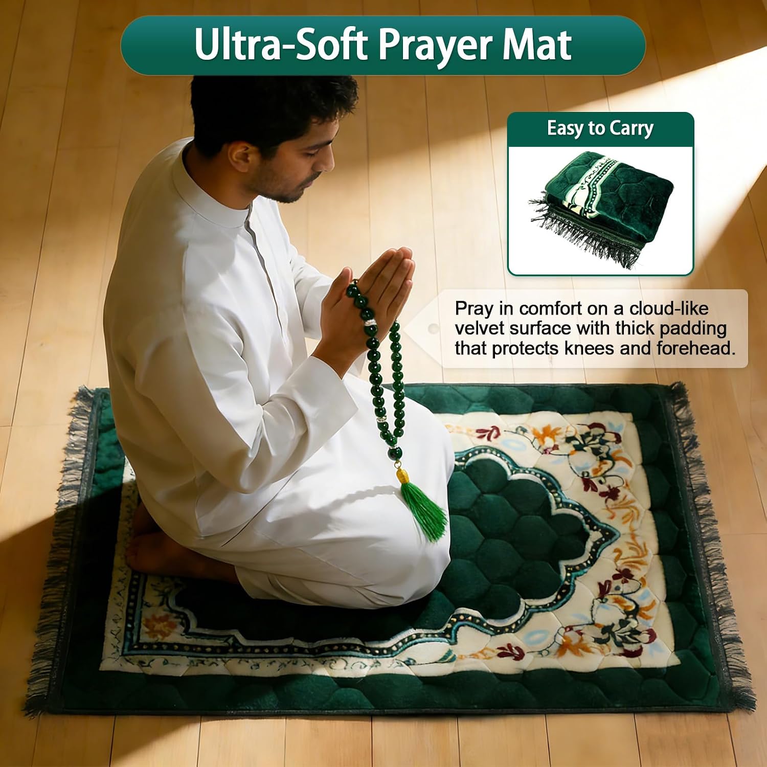 Premium Prayer Mat with Tasbih Prayer Beads-Large Soft Non-Slip Muslim Prayer Rug,Elegant Green Design for