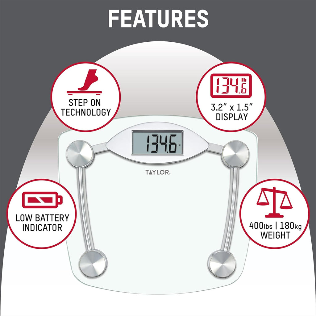 Digital Bathroom Scale, Body Weight Scale, Instant On and Off, 400 lb Capacity, Sturdy Clear Glass with Chrome-Finish