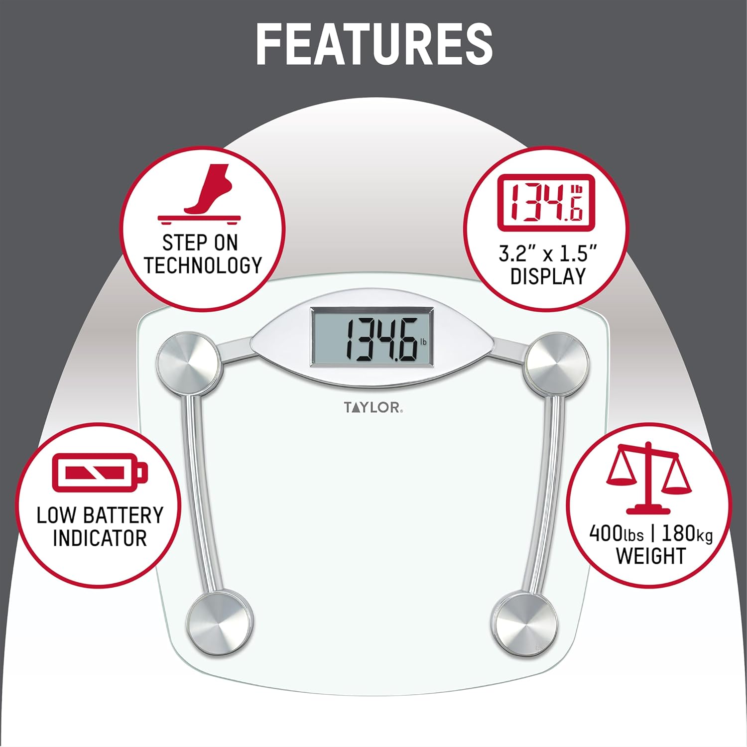 Digital Bathroom Scale, Body Weight Scale, Instant On and Off, 400 lb Capacity, Sturdy Clear Glass with Chrome-Finish