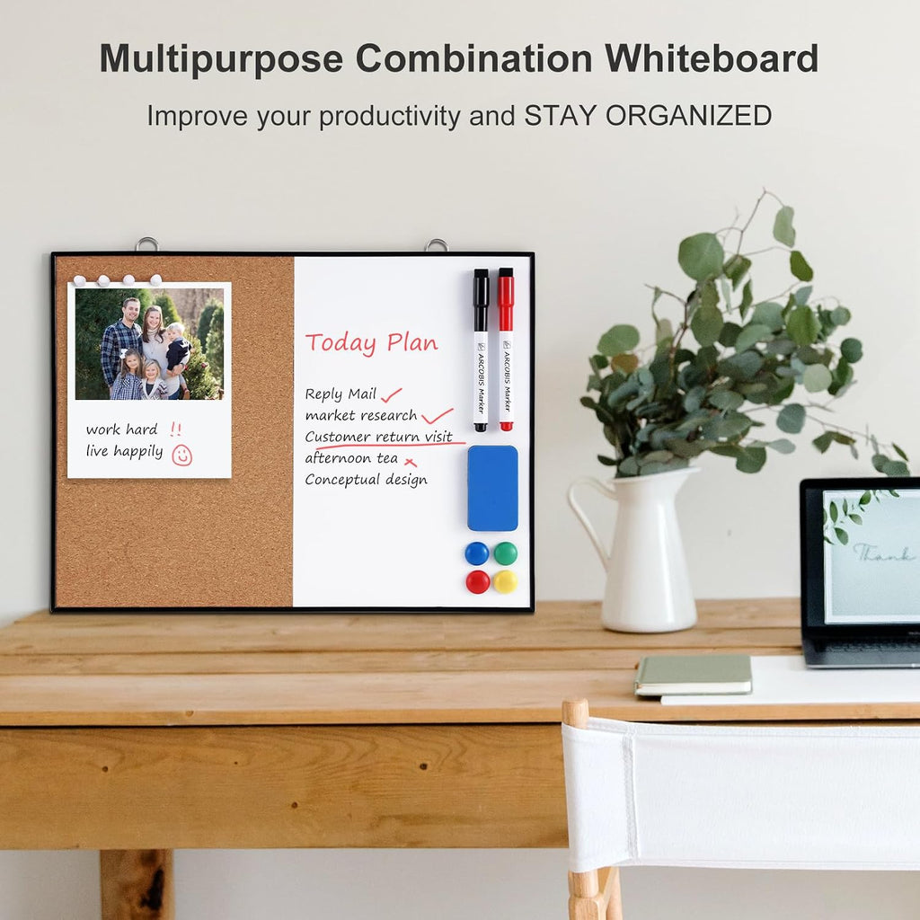 Cork Board White Board Combo, 12"X16" Small Bulletin Board for Wall, Double-Sided Magnetic Dry Erase Corkboard