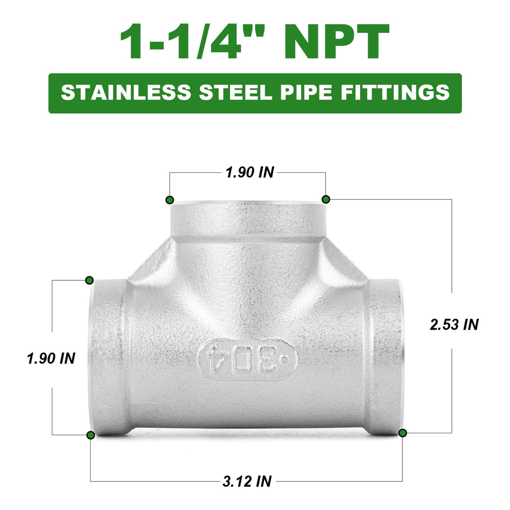 TAISHER 5pcs 304 SS Tee Pipe Fitting, 1-1/4" NPT Female 3 Way Connectors