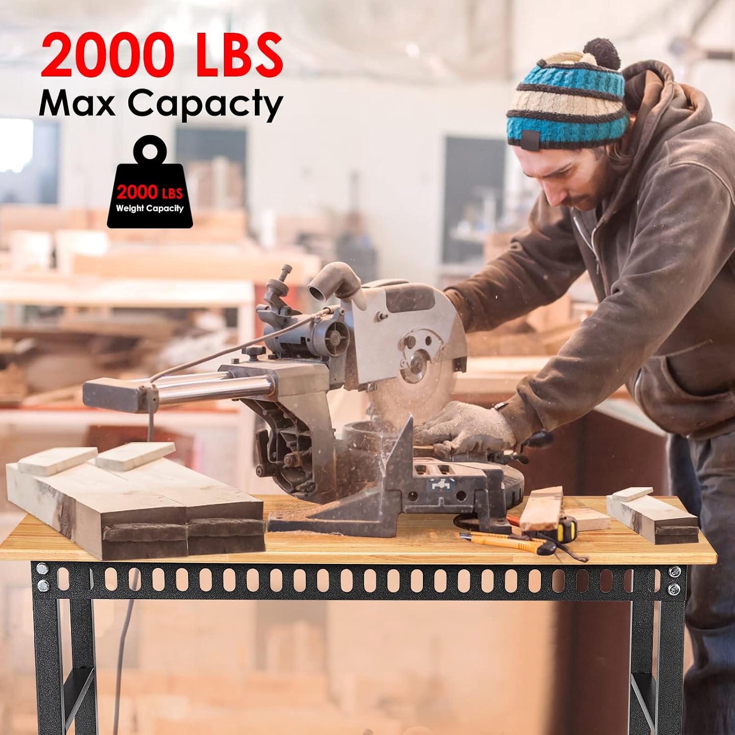 48" Adjustable Workbench with Power Outlet and Rubber Pad | Heavy Duty 2000 LBS Load Capacity Hardwood Workbench
