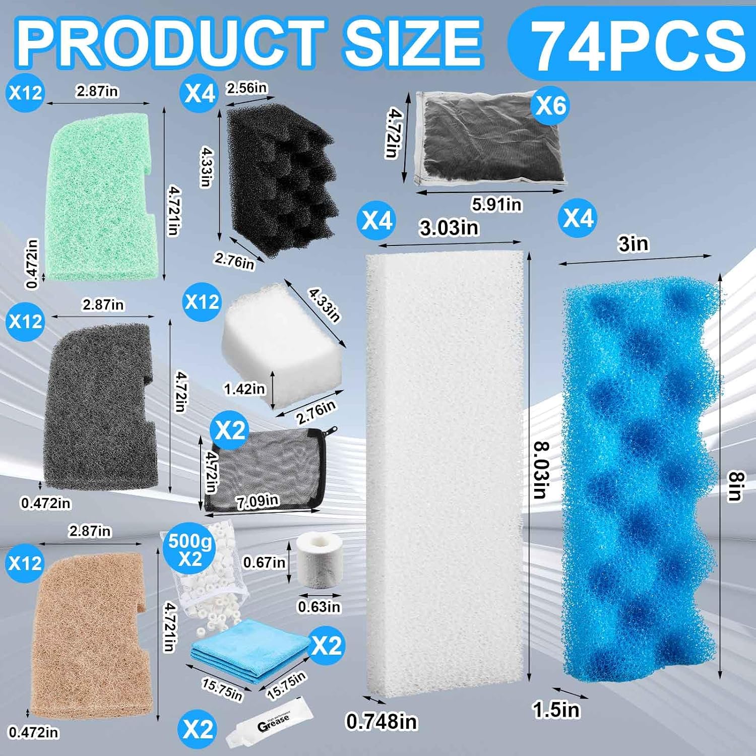74 Pcs Filter Media Compatible with Fluval 306/307, Aquarium Replacement Media Kit, Foam, Activated Carbon