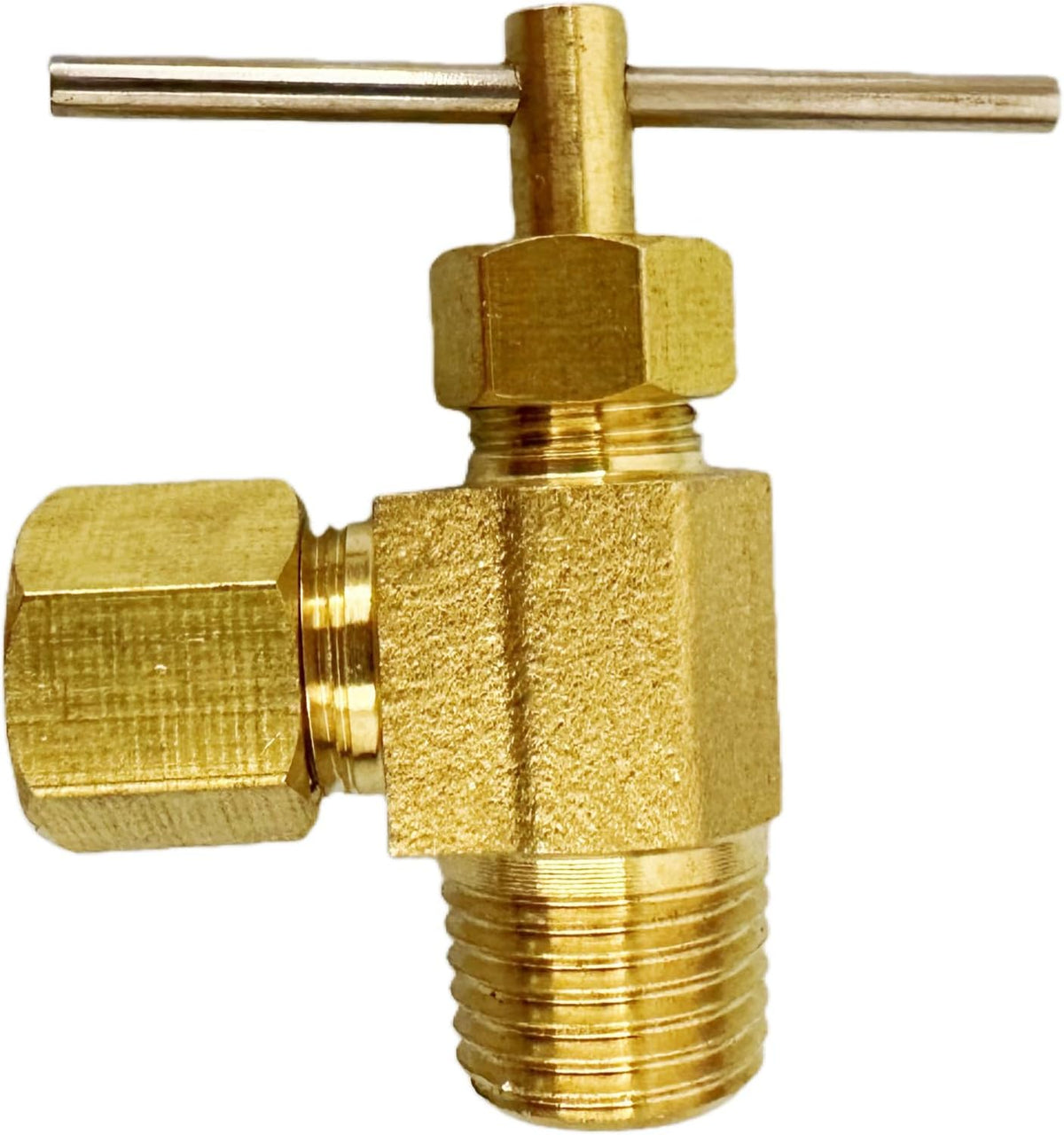 Angle Brass Needle Valve, 1/4" Compression to 1/4" Male Pipe Thread