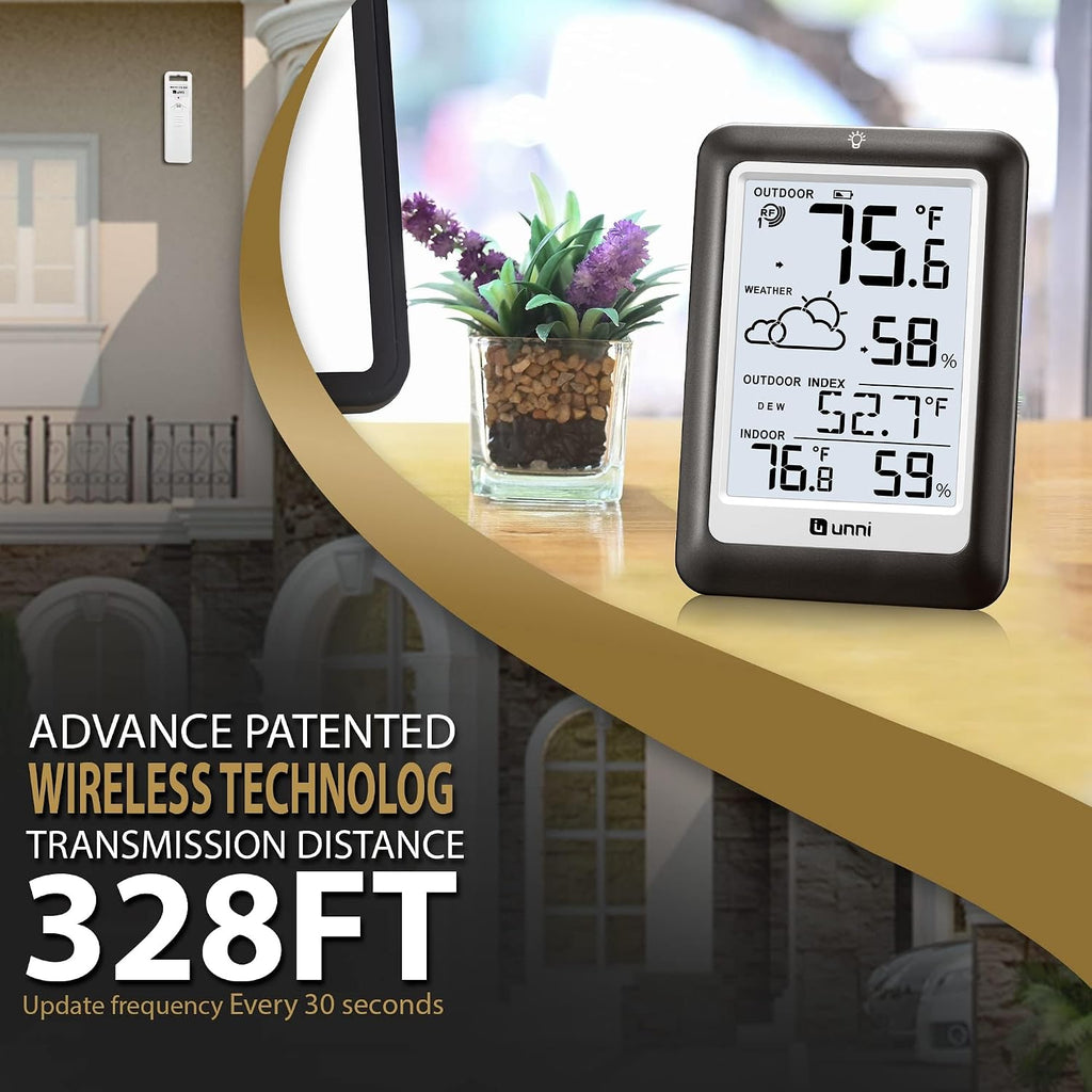 Indoor Outdoor Thermometer Wireless Weather Station, Temperature Humidity Monitor Battery Powered Inside Outside