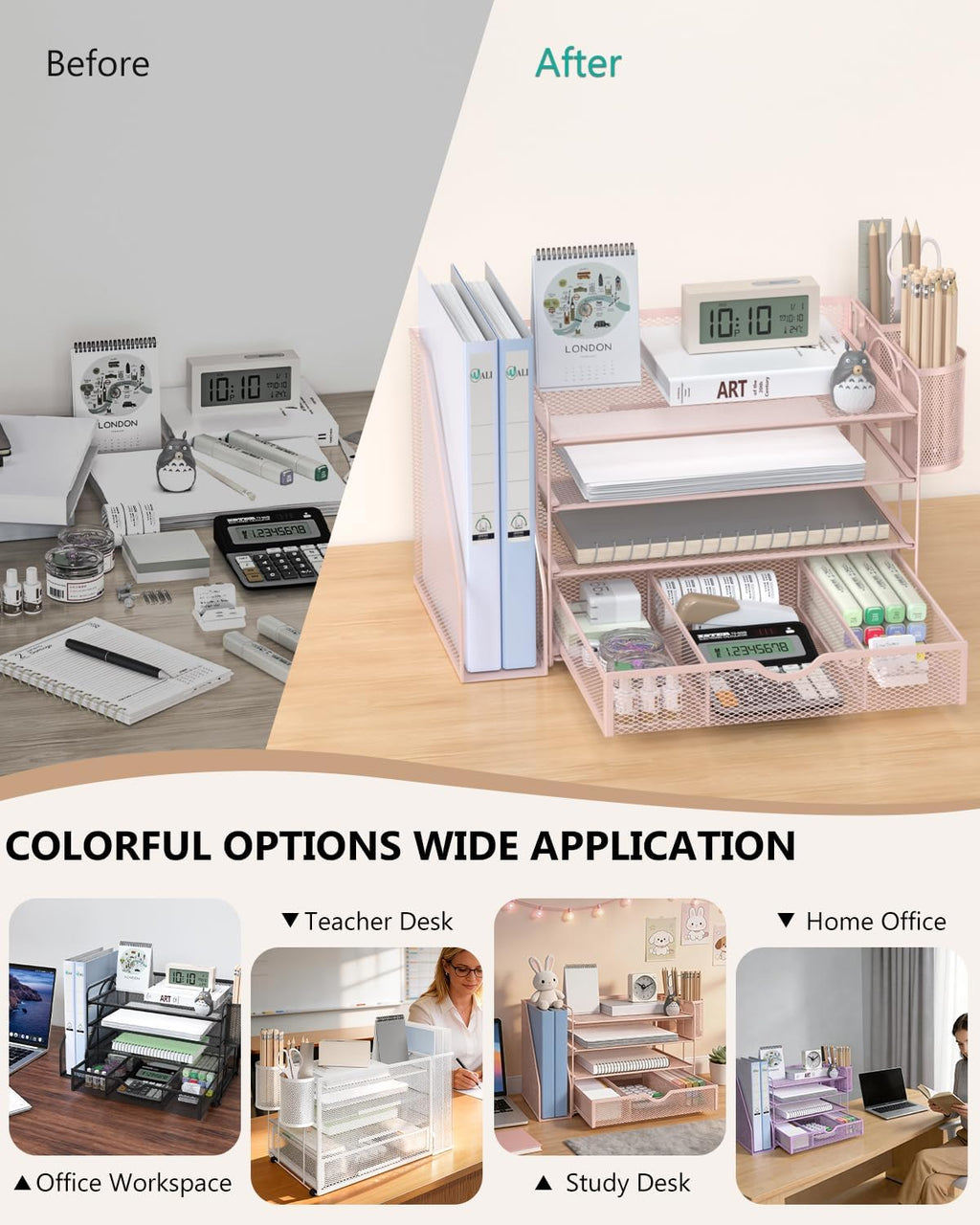 Desk File Organizer, 4 Tier Desktop Paper Letter Tray Organizer with Drawer and 2 Pen Holders, Office Desk