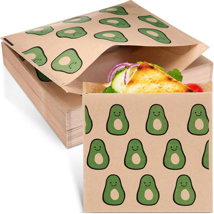 200 Pack Paper Sandwich Bags Avocado Design 8 × 8 Inch Happy Food Storage Recyclable Grease Resistant Disposable