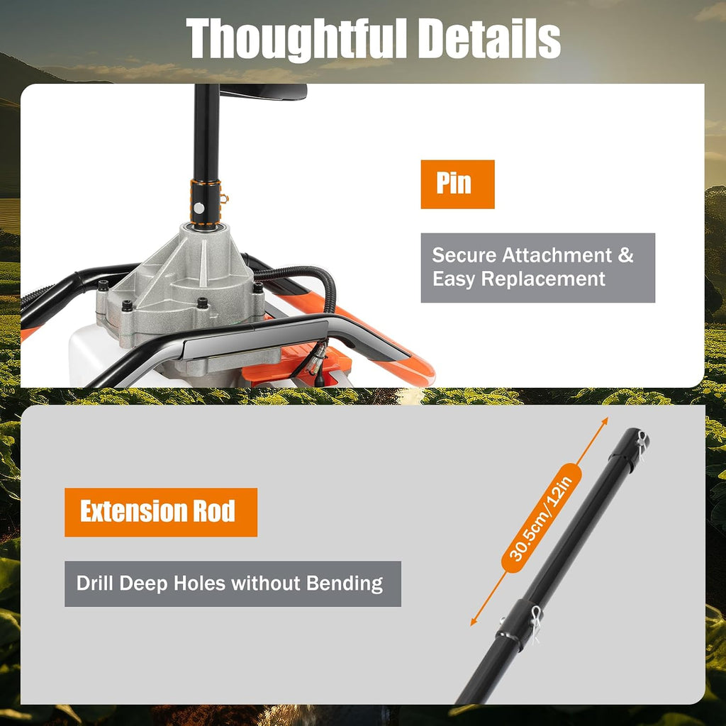 71CC Auger Post Hole Digger 2 Stroke Gas Powered Earth Digger | 2300W Heavy Duty Hole Digging Machine with 3 Auger