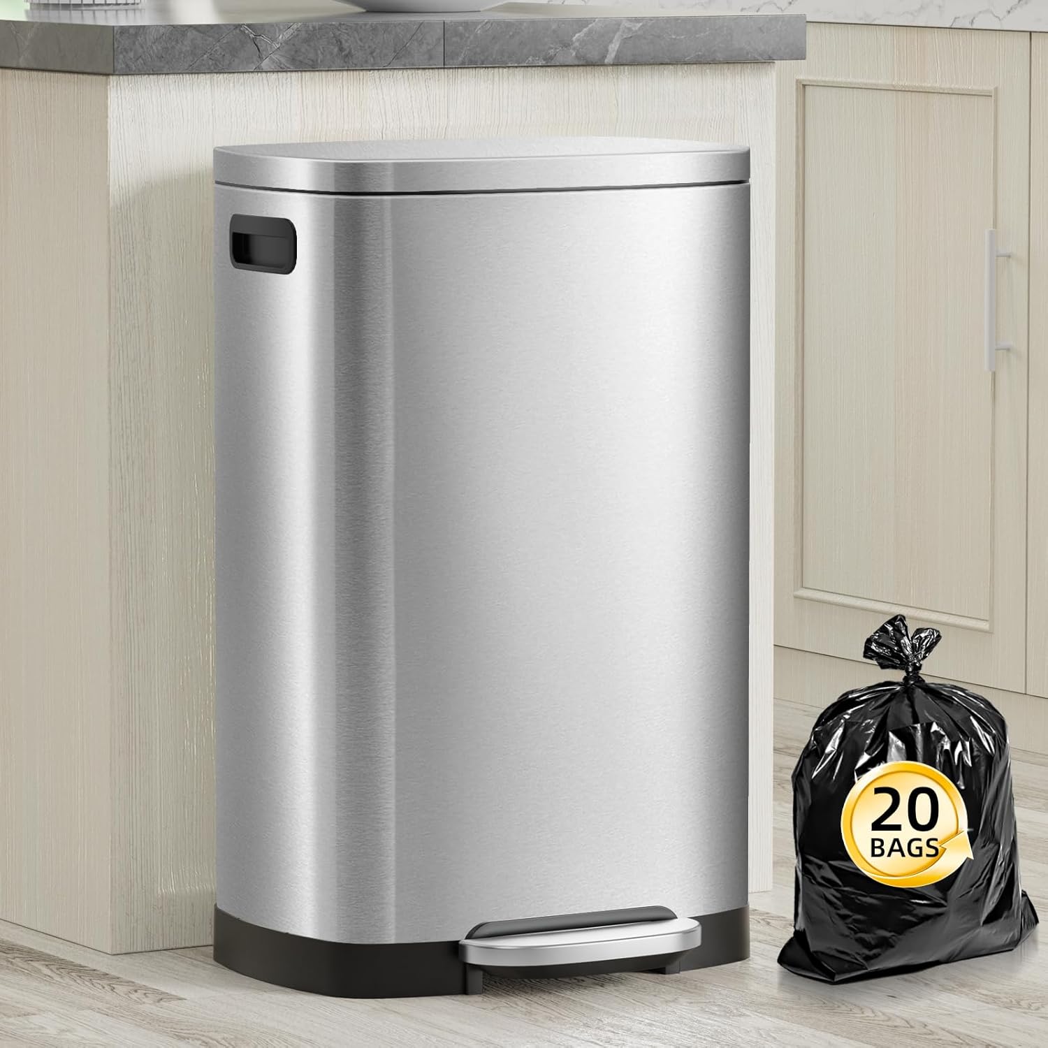 13 Gallon Trash Can with Lid, 50L Fingerprint Proof Stainless Steel Kitchen Trash Can with Removable Inner Bucket and