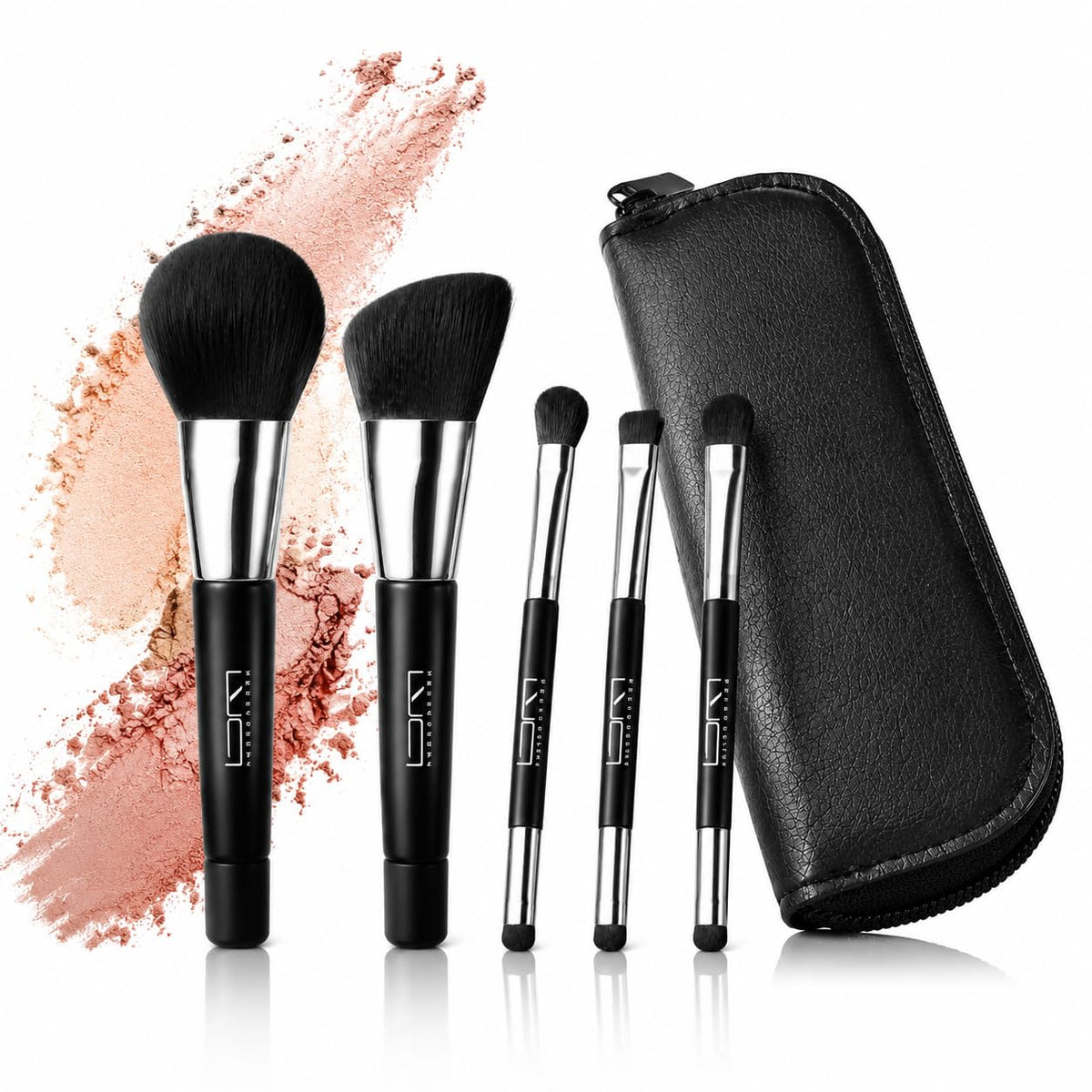 Mini Travel Makeup Brushes Set, 5Pcs Double Ended Portable Cosmetic Brushes Kit with Storage Pouch for Foundation