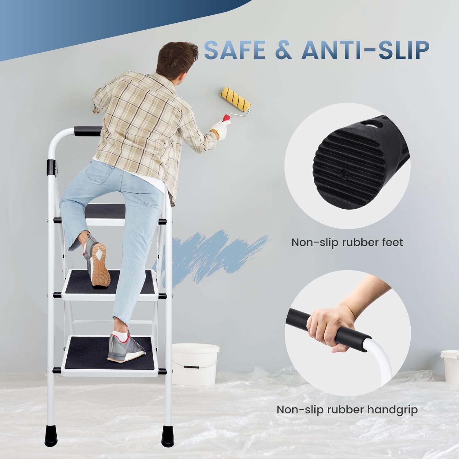 Step Ladder, 3 Sturdy Step Stool with Anti-Slip Pedal & Comfortable Handrail, Portable Heavy Duty Step Stool for