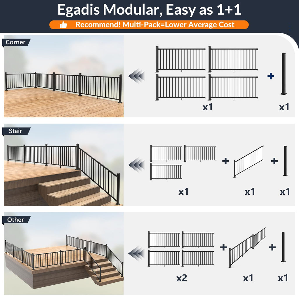 4 Pack 36 in x 6 ft Modular Aluminum Porch and Deck Railing Kit