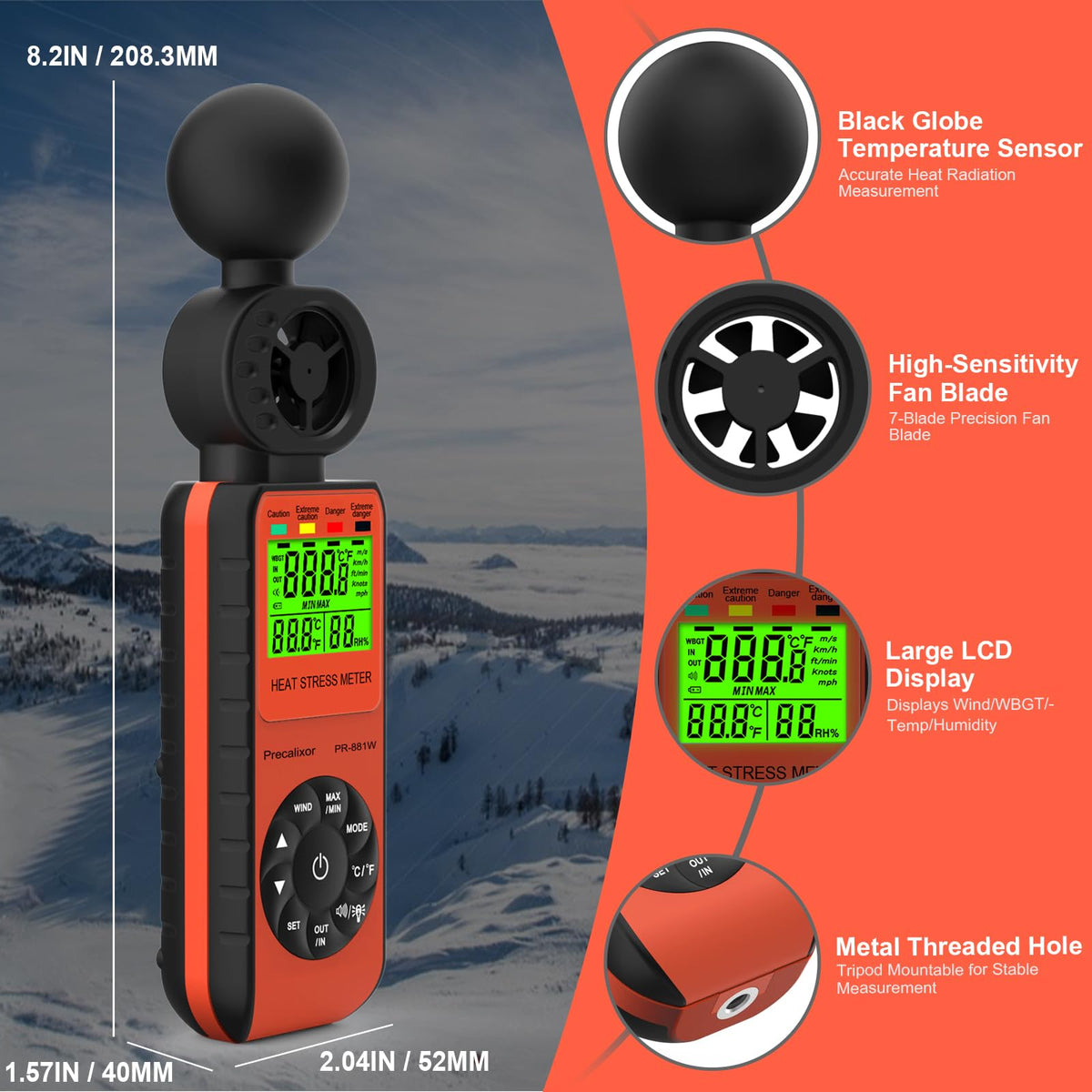 Heat Stress Meter Anemometer, Wet Bulb Globe Thermometer Wind Speed Meter