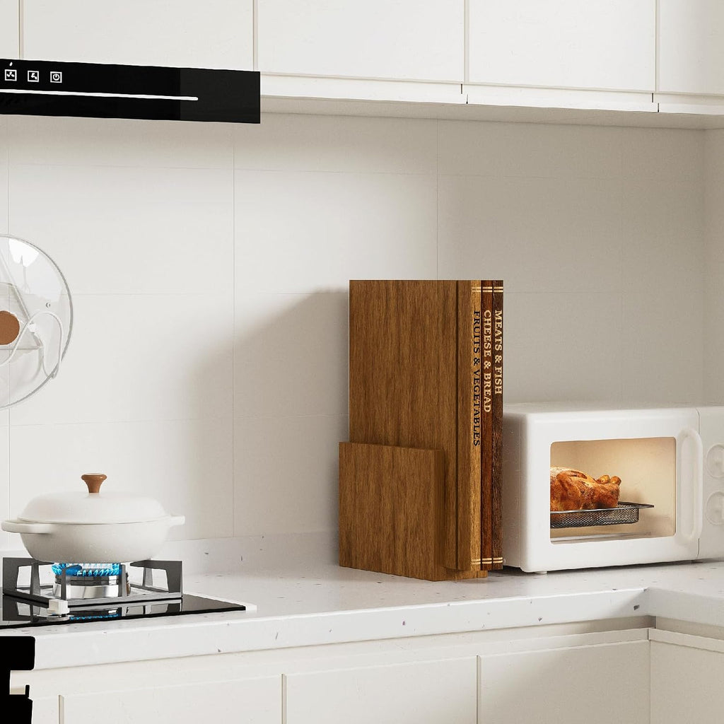 Book Cutting Board Set with Stand, 3-Piece Acacia Wood Boards That Look Like Books, Labeled Wooden Chopping Boards