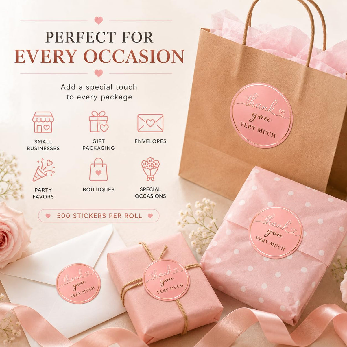 Thank You Stickers, 500 Blush Pink Round, 1.5 Inch