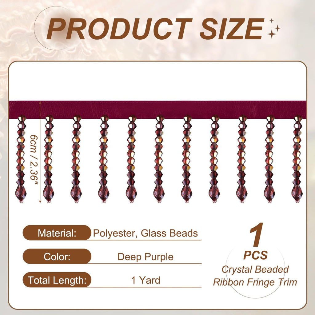 1Yard Crystal Beaded Ribbon Fringe Trim Tassel 2.4" Deep Purple