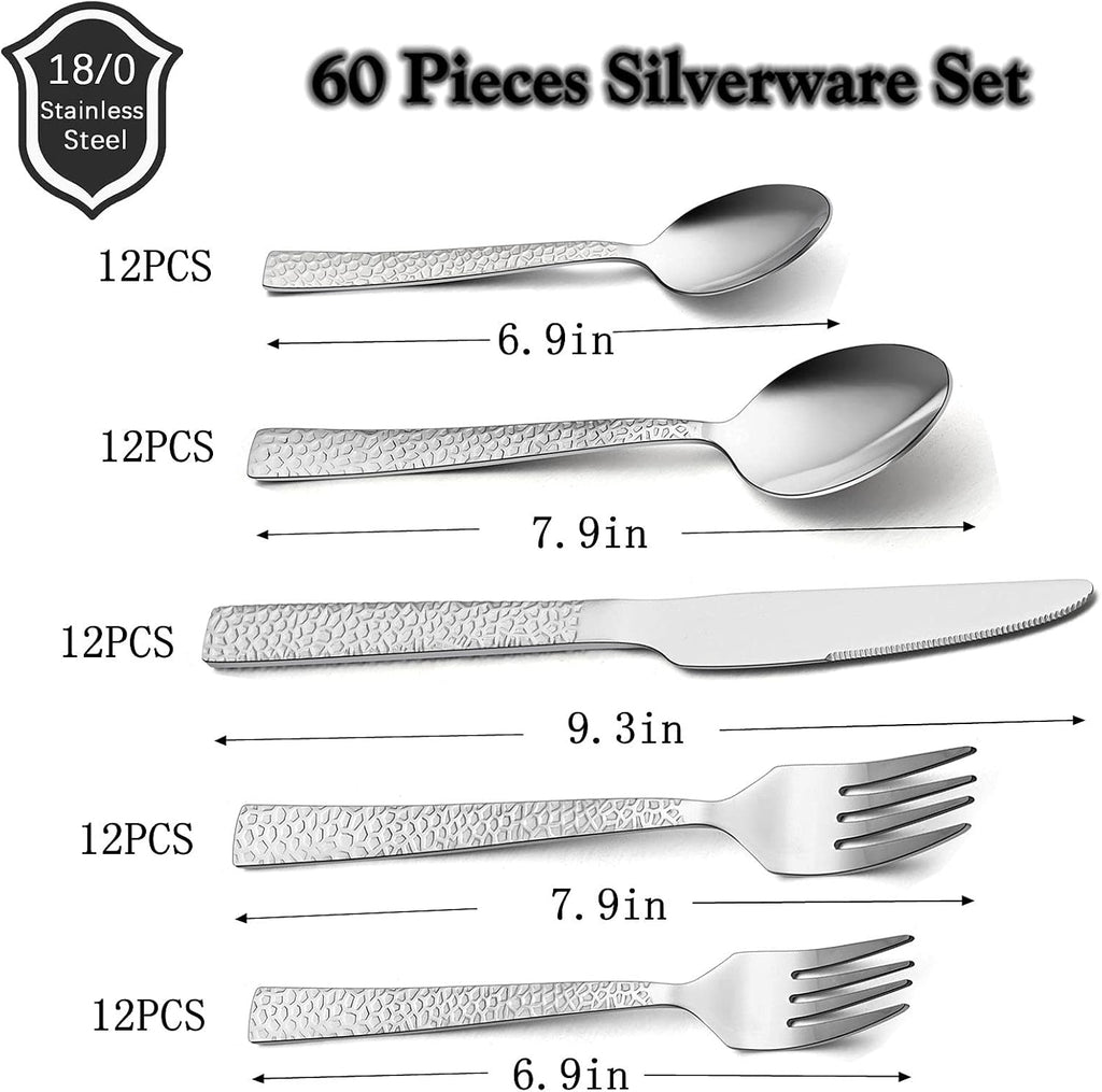 Hammered Silverware Set, 60-Piece Stainless Steel Flatware for 12, Modern Eating Utensils Tableware Cutlery for