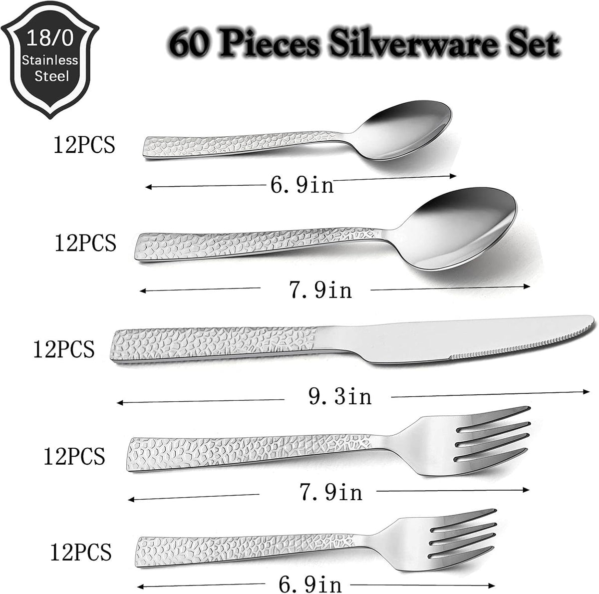 Hammered Silverware Set, 60-Piece Stainless Steel Flatware for 12, Modern Eating Utensils Tableware Cutlery for