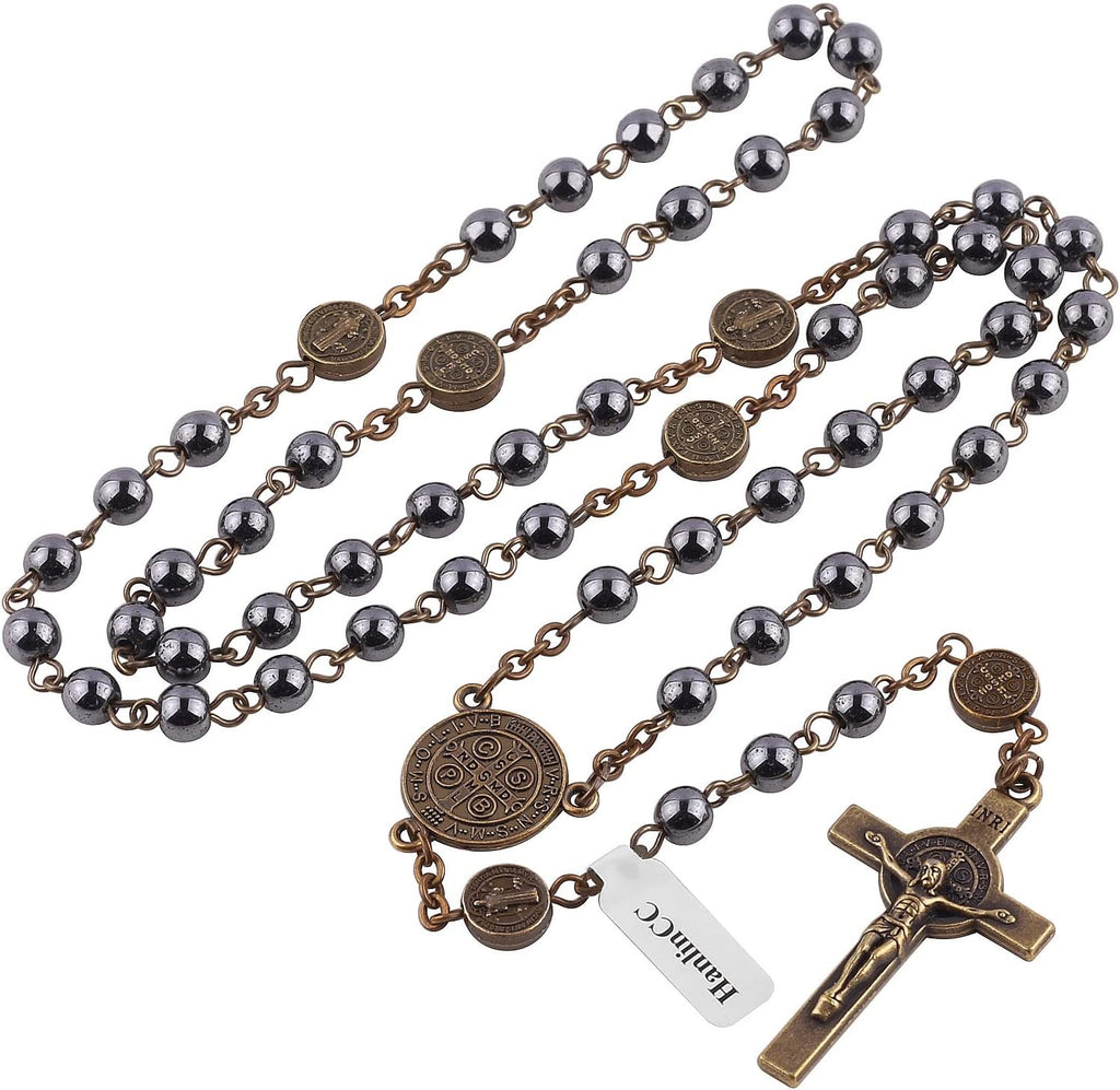 Catholic Rosary St.Benedict Hematite Necklace with Gold Plated Box