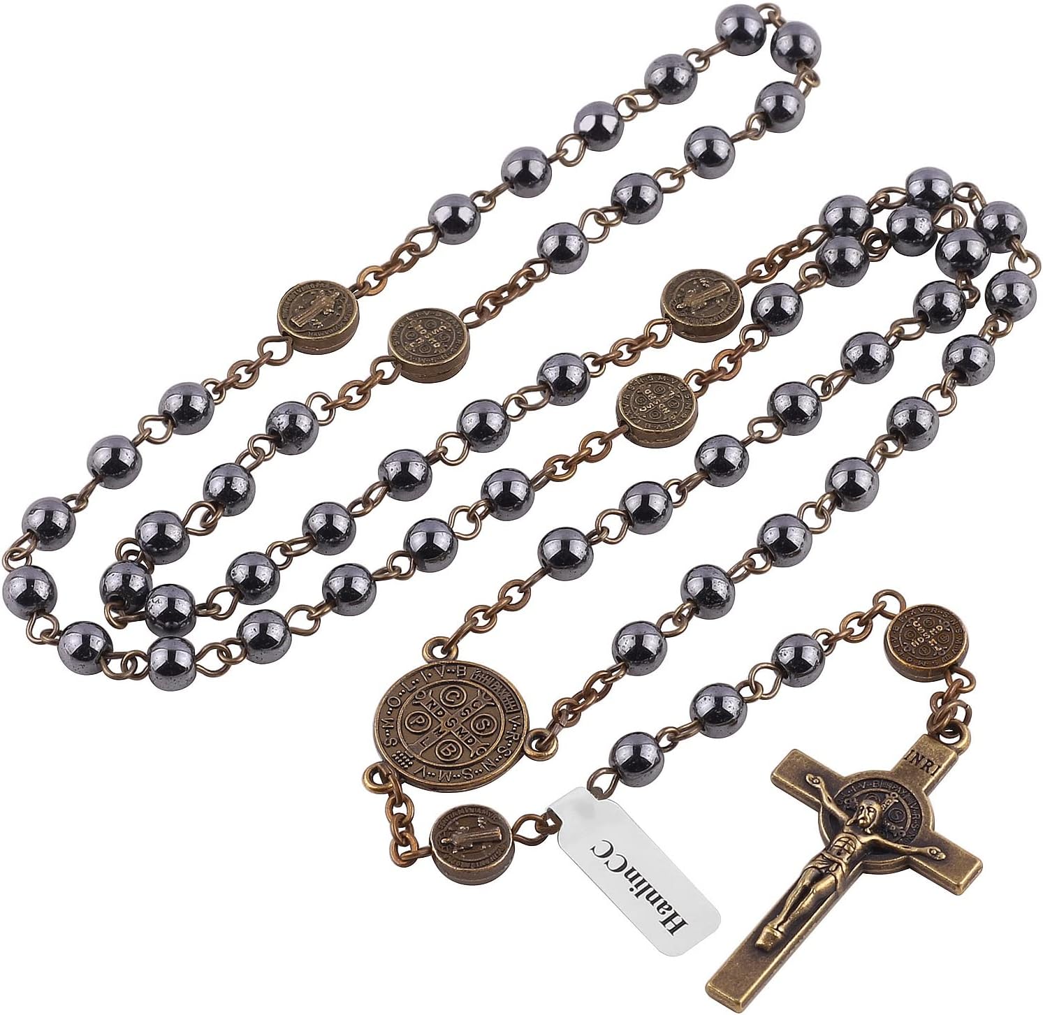 Catholic Rosary St.Benedict Hematite Necklace with Gold Plated Box