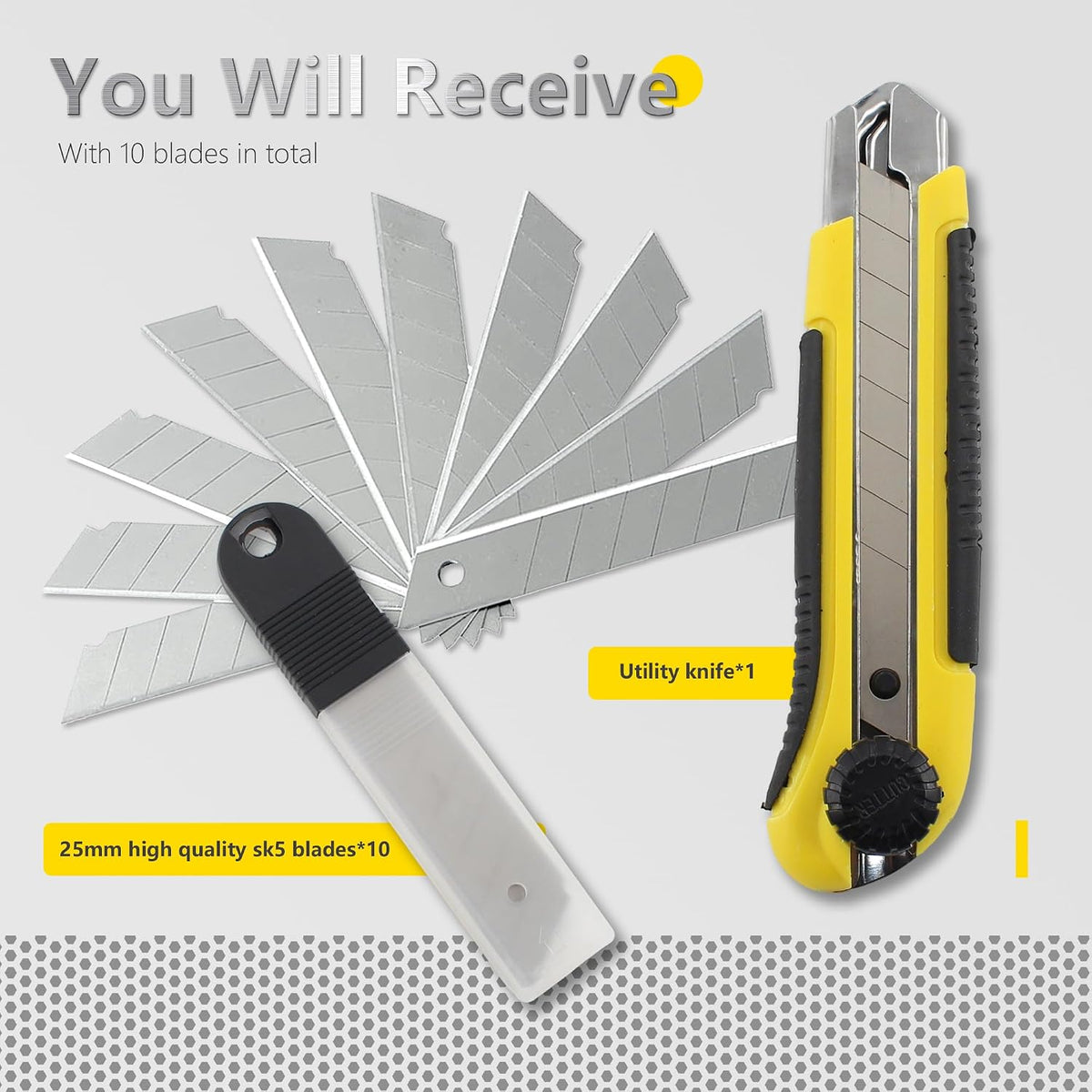 25mm Heavy Duty Utility Knife,10pcs SK5 Snap-Off Blades,Retractable Lock Box Cutter with Anti-Slip Rubber Grip for