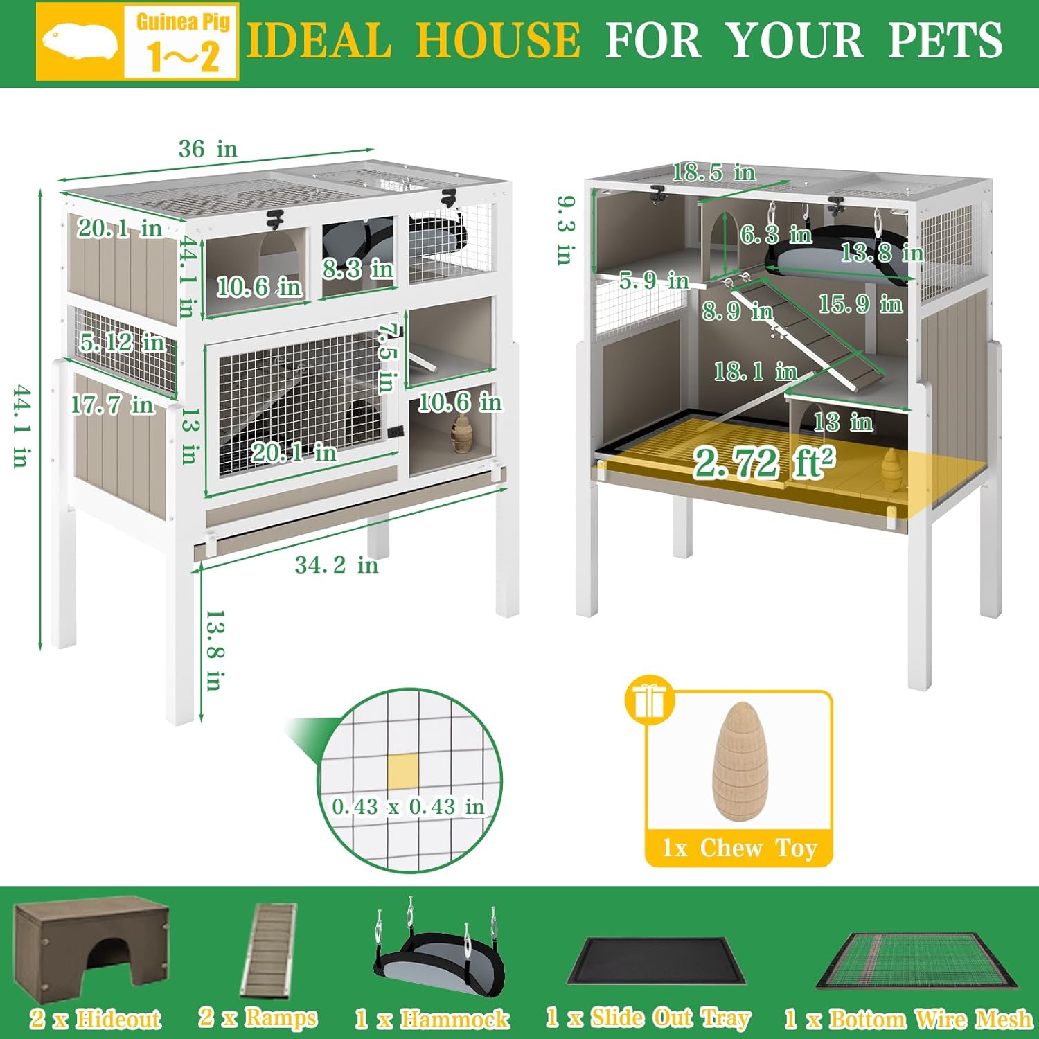 Guinea Pig Cages Indoor, 3-Story Wooden Small Animal Cage with Stand | Rabbit Hutch with Ramps, Removable Hammock &