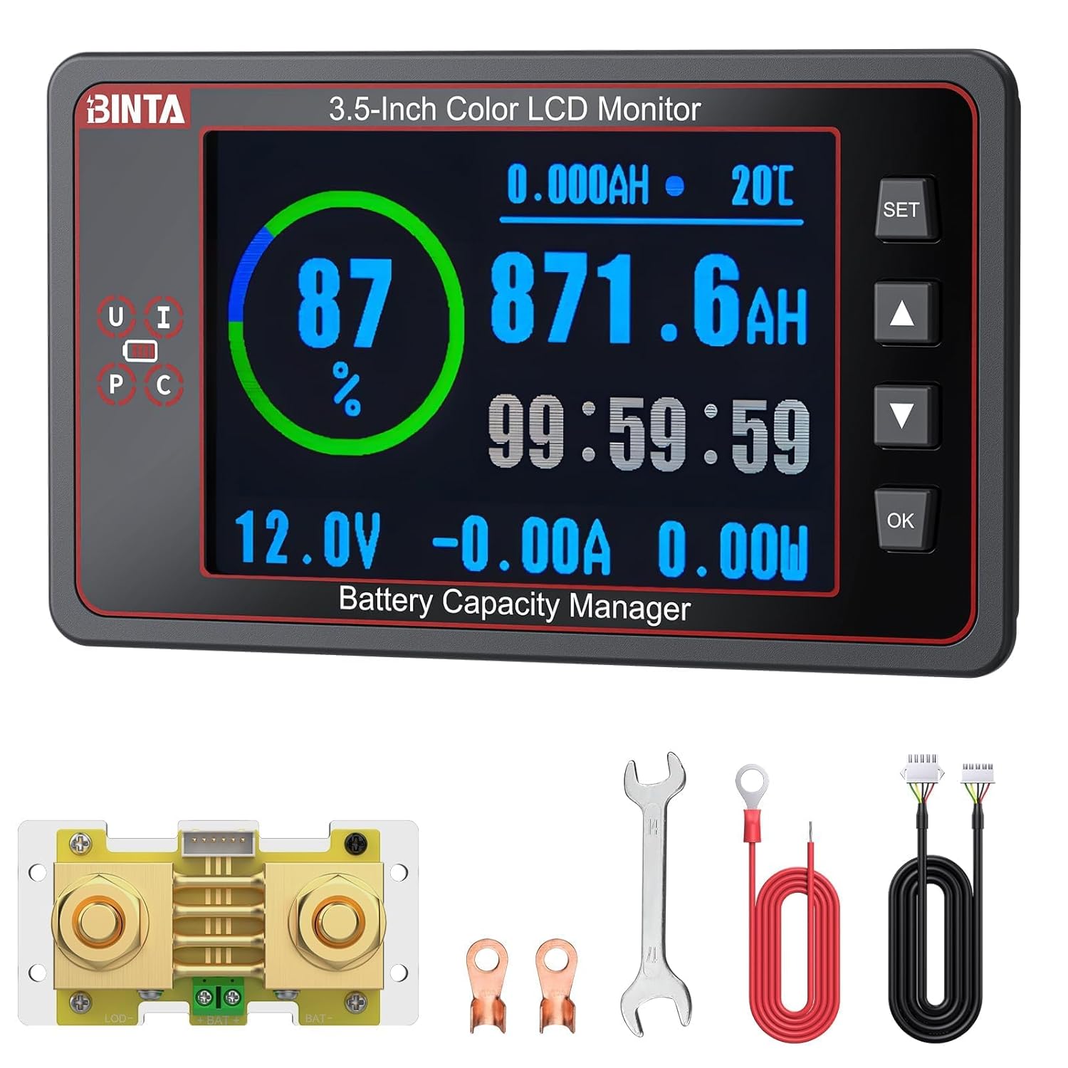 500A Battery Monitor with Shunt, 8-100V 3.5 Inch Color Screen