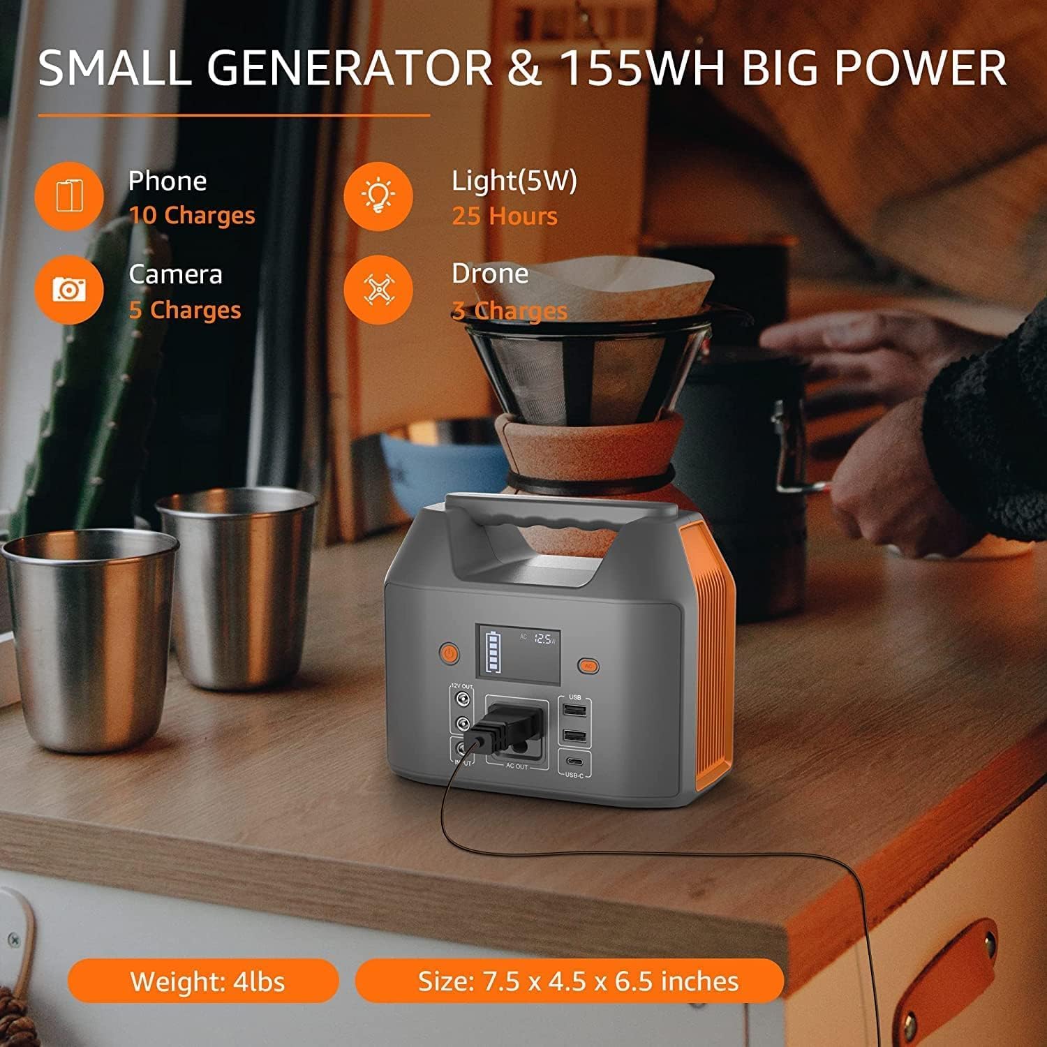 Portable Power Station 150W 155Wh Solar Generator 110V 42000mAh Portable Power Bank w/AC Outlet, 6 Outputs External