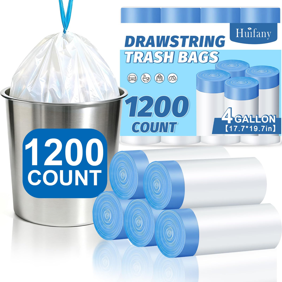 4 Gallon Small Trash Bags,1200 Count Drawstring Garbage Can Liners