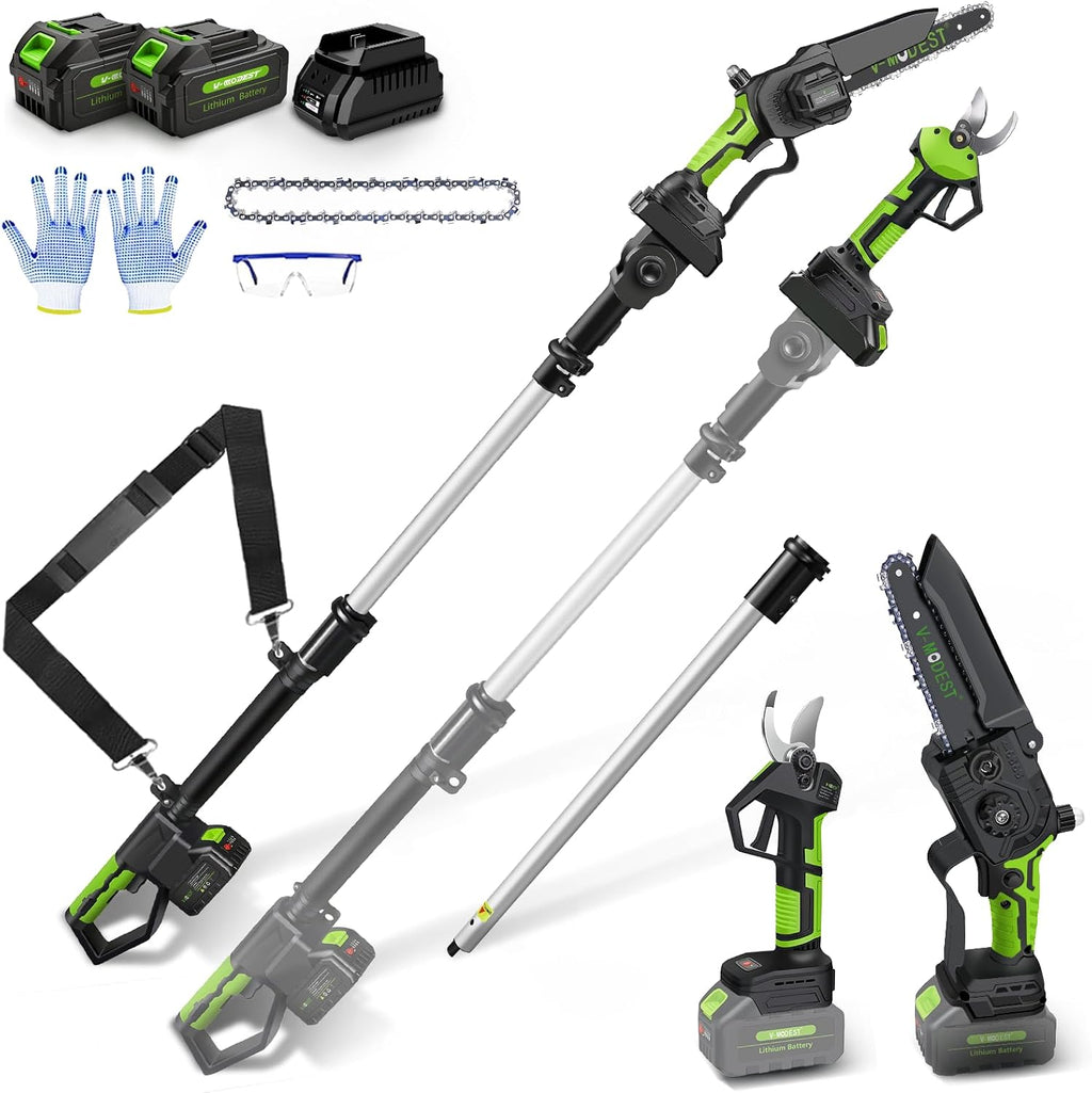 4-in-1 Cordless Pole Saw&Electric Pruning Shear, 8" 15Ft Reach, 2 Batteries | Battery Powered Pole Saw for Tree