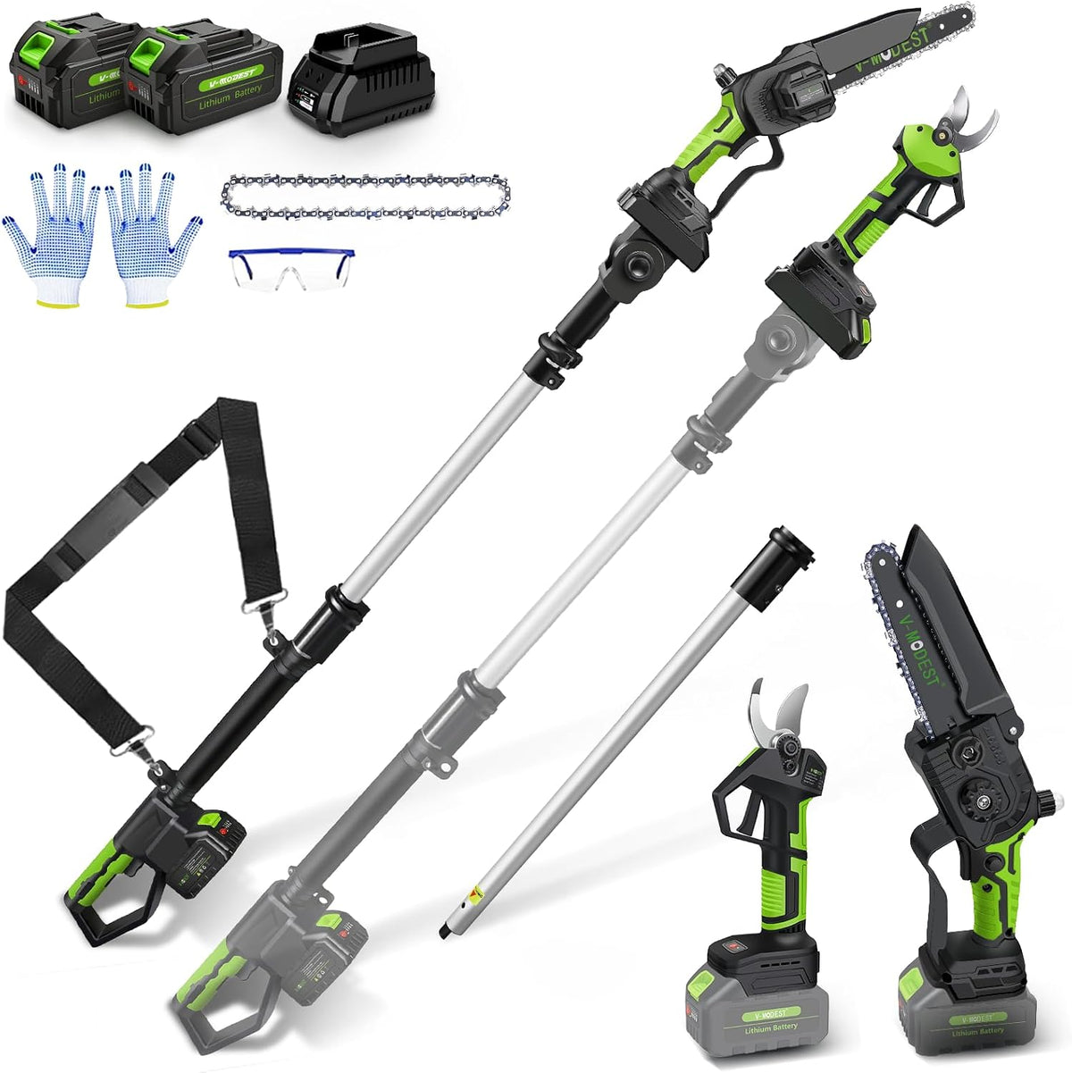 4-in-1 Cordless Pole Saw&Electric Pruning Shear, 8" 15Ft Reach, 2 Batteries | Battery Powered Pole Saw for Tree