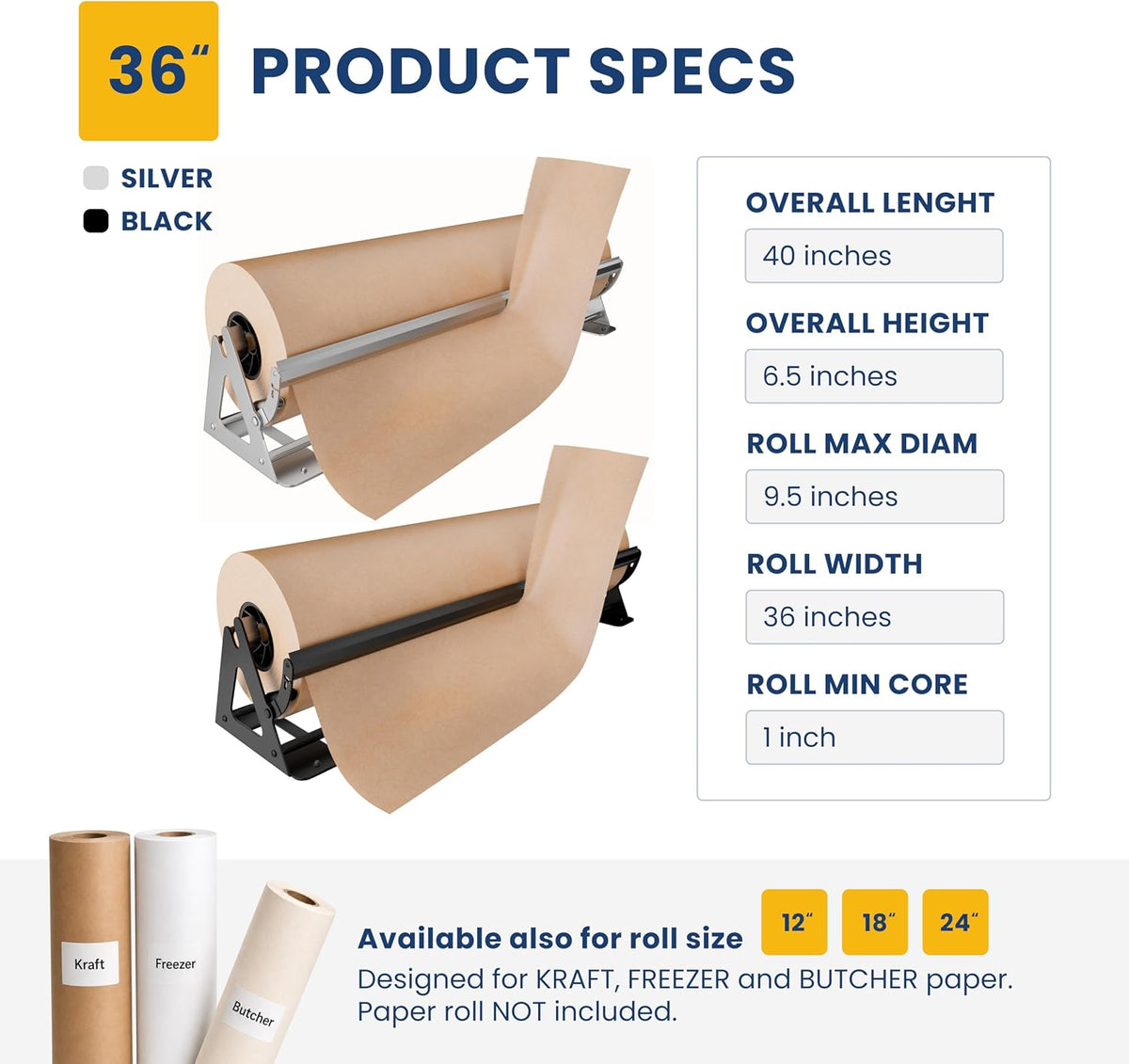 36 Inch Paper Roll Dispenser and Cutter for Kraft, Butcher Paper