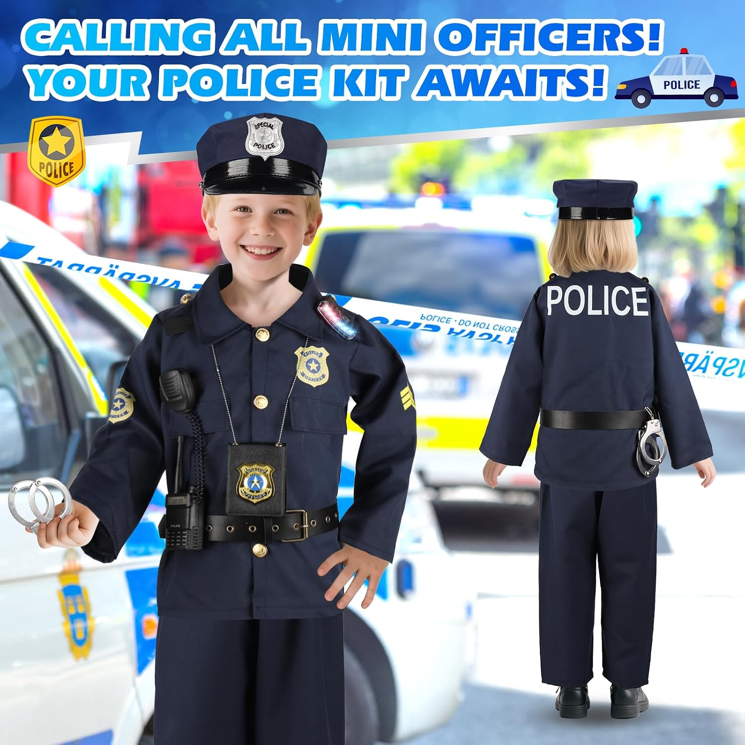 Police Costume for Kids 3-8,Cop Pretend Play Toys for Dress Up | Role Play Set with Handcuffs, Flashlight, Police