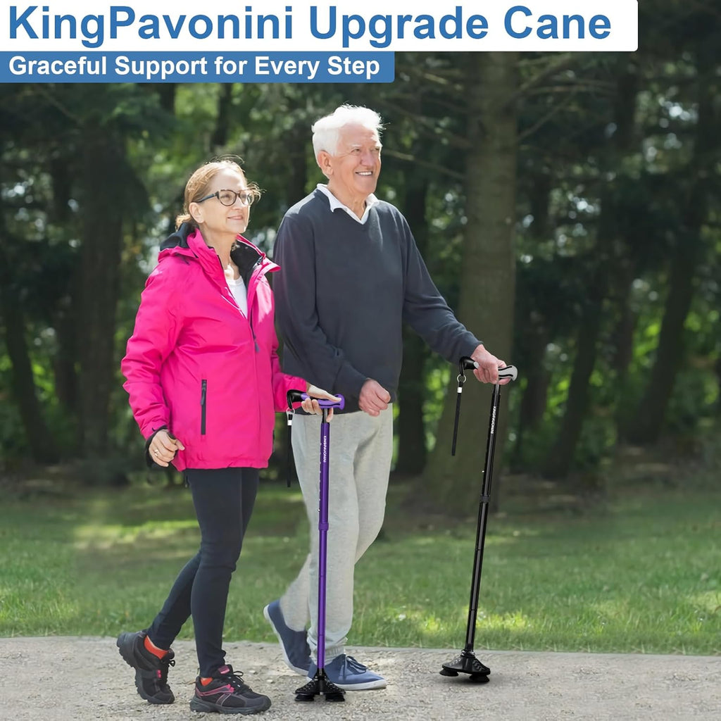 Walking Cane for Men Women Stability, Free Standing Foldable Cane, Ergonomic Handle Pivoting Quad Base, Heavy Duty