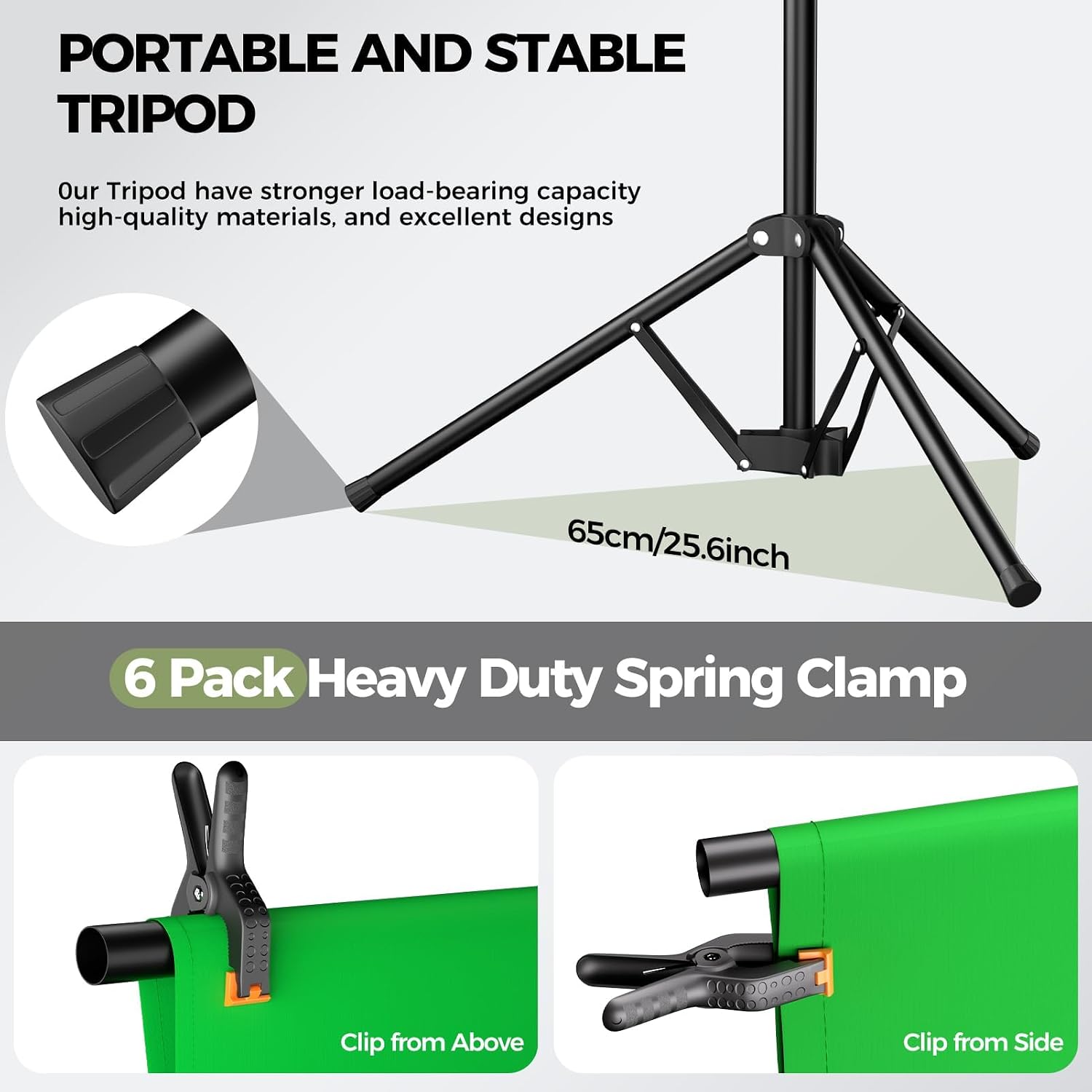 5x6.5ft Green Screen Backdrop Kit with T-Shape Stand and 6 Clamps | Reverse folding base for easy storage &