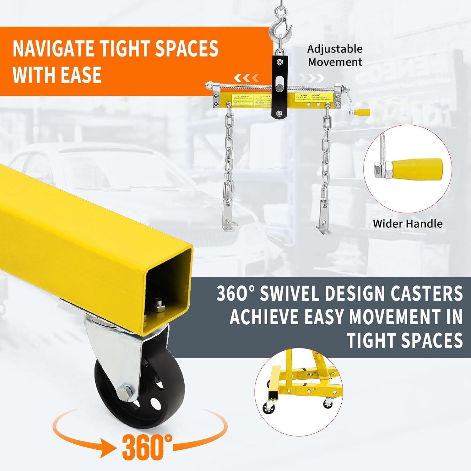 2 Ton Hydraulic Folding Engine Hoist Cherry Picker Shop Crane, 4400 lb Capacity, Telescopic Boom, 6 Caster Wheels