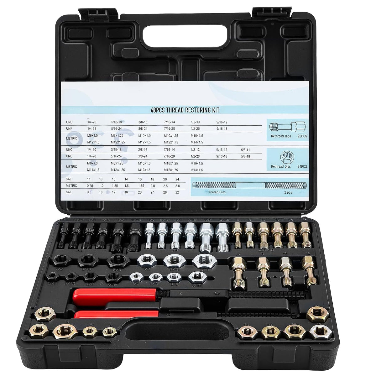 48PCS Thread Chaser Set, Metric and SAE, 22 Taps 24 Dies 2 Thread Files