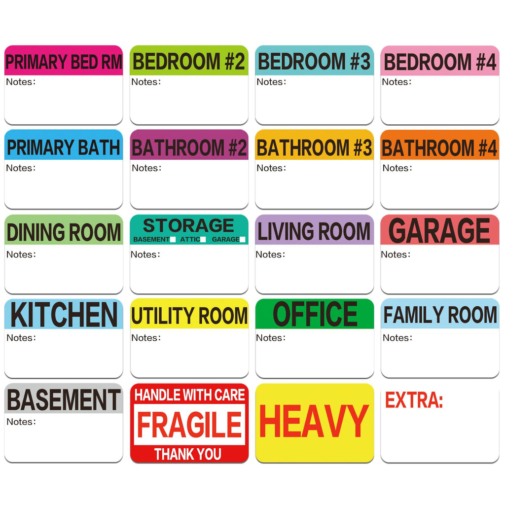 Moving Packing Box Labels for 3-4 Bedroom, 20-Color Coded Moving Stickers