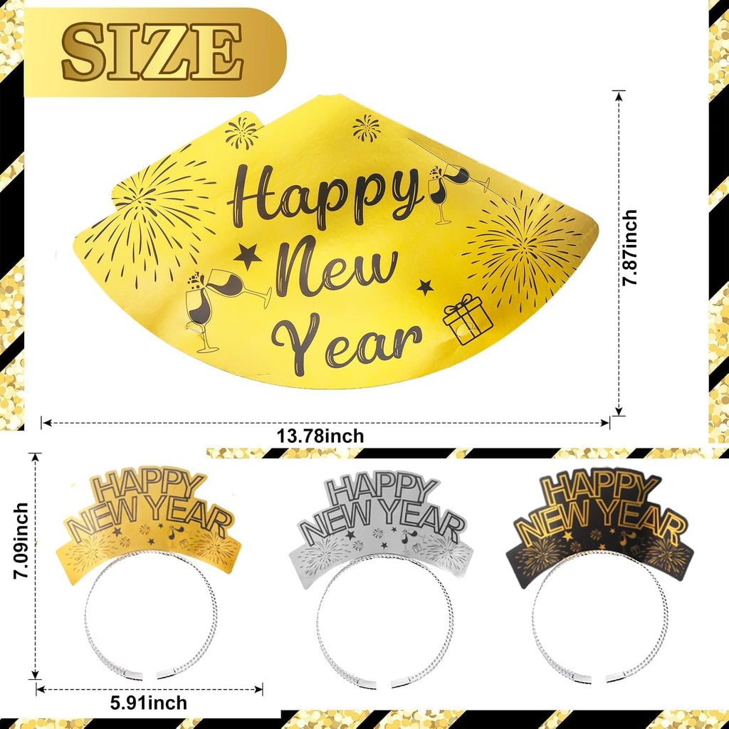 New Year’s Eve Party Supplies 2026– Includes Happy New Year Headbands, Cone Hats, Party Glasses, and Tassel Squawkers