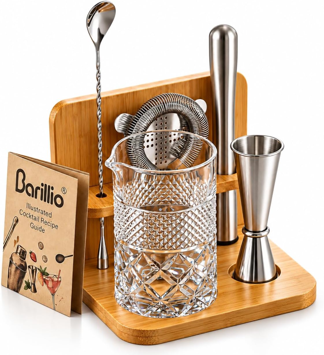 24 Oz Crystal Cocktail Mixing Glass with Bamboo Stand & Bar Tools | Seamless Lead-Free Crystal, Weighted Base