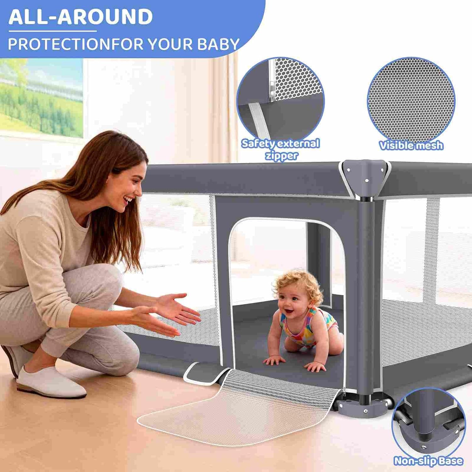 Foldable Baby Playpen Portable Travel Play Yard, Dark Gray | Safety Play Yard for Babies & Toddlers, Indoor & Outdoor